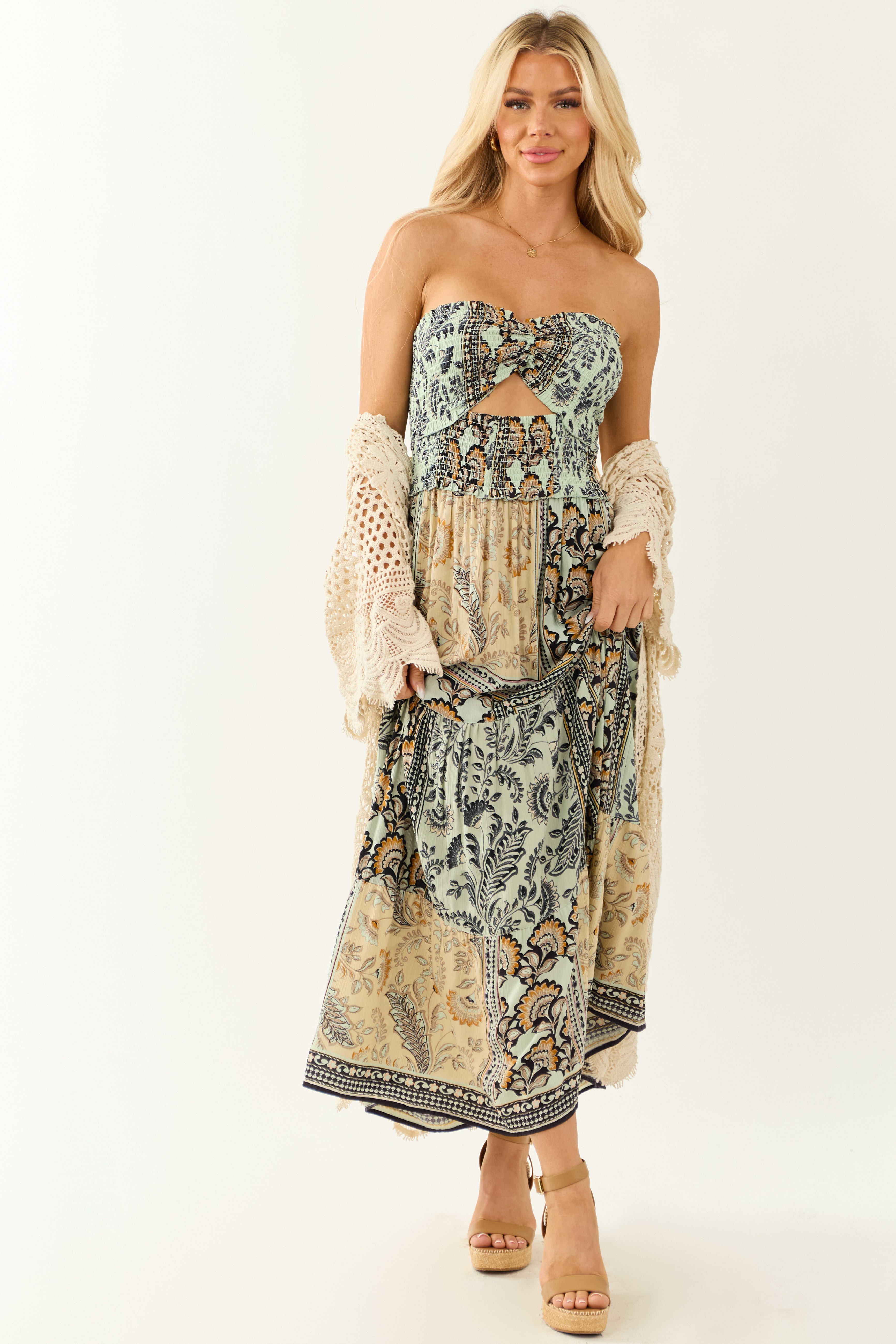 Almond Abstract Print Strapless Smocked Maxi Dress