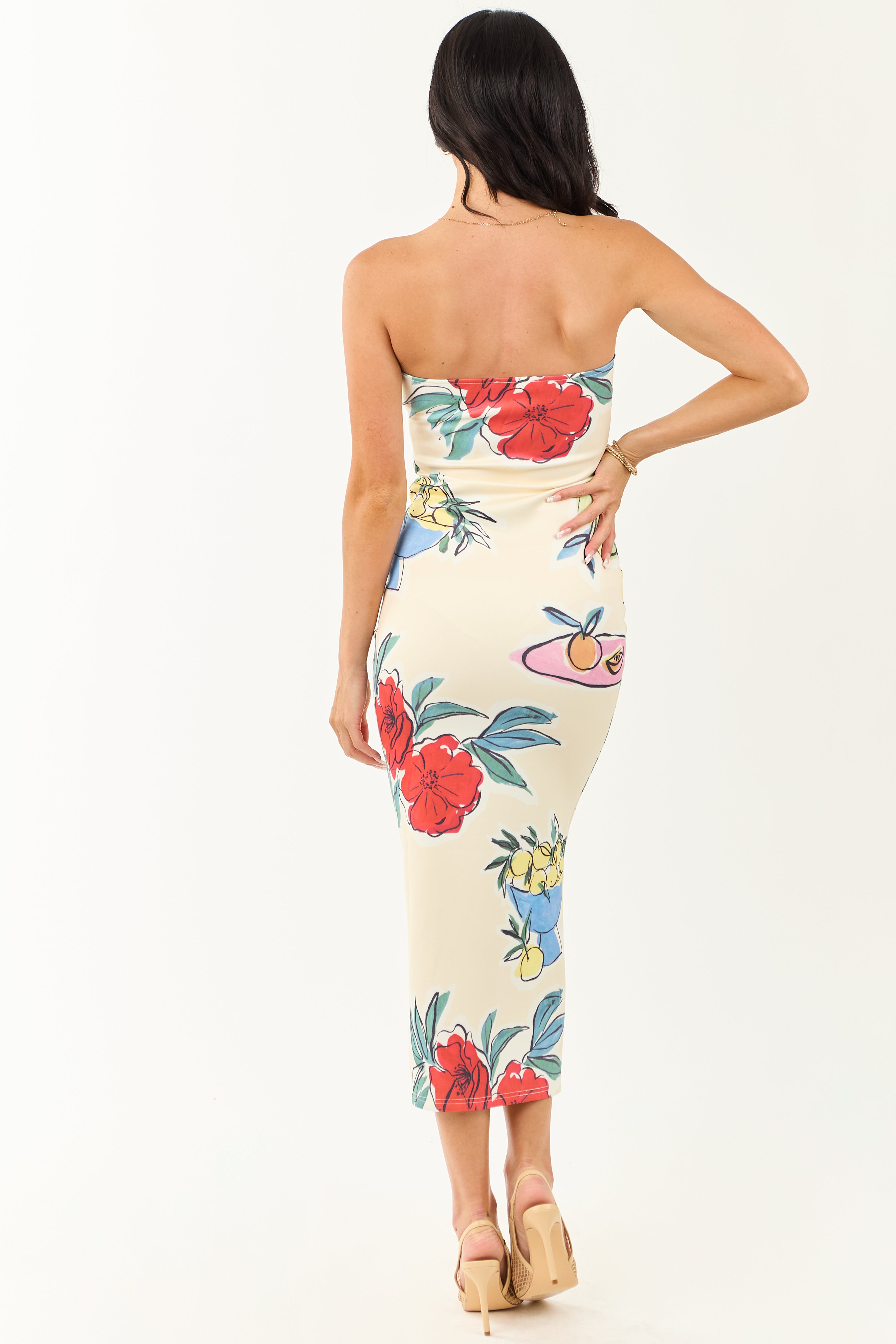 Cream Fruit and Floral Print Strapless Midi Dress