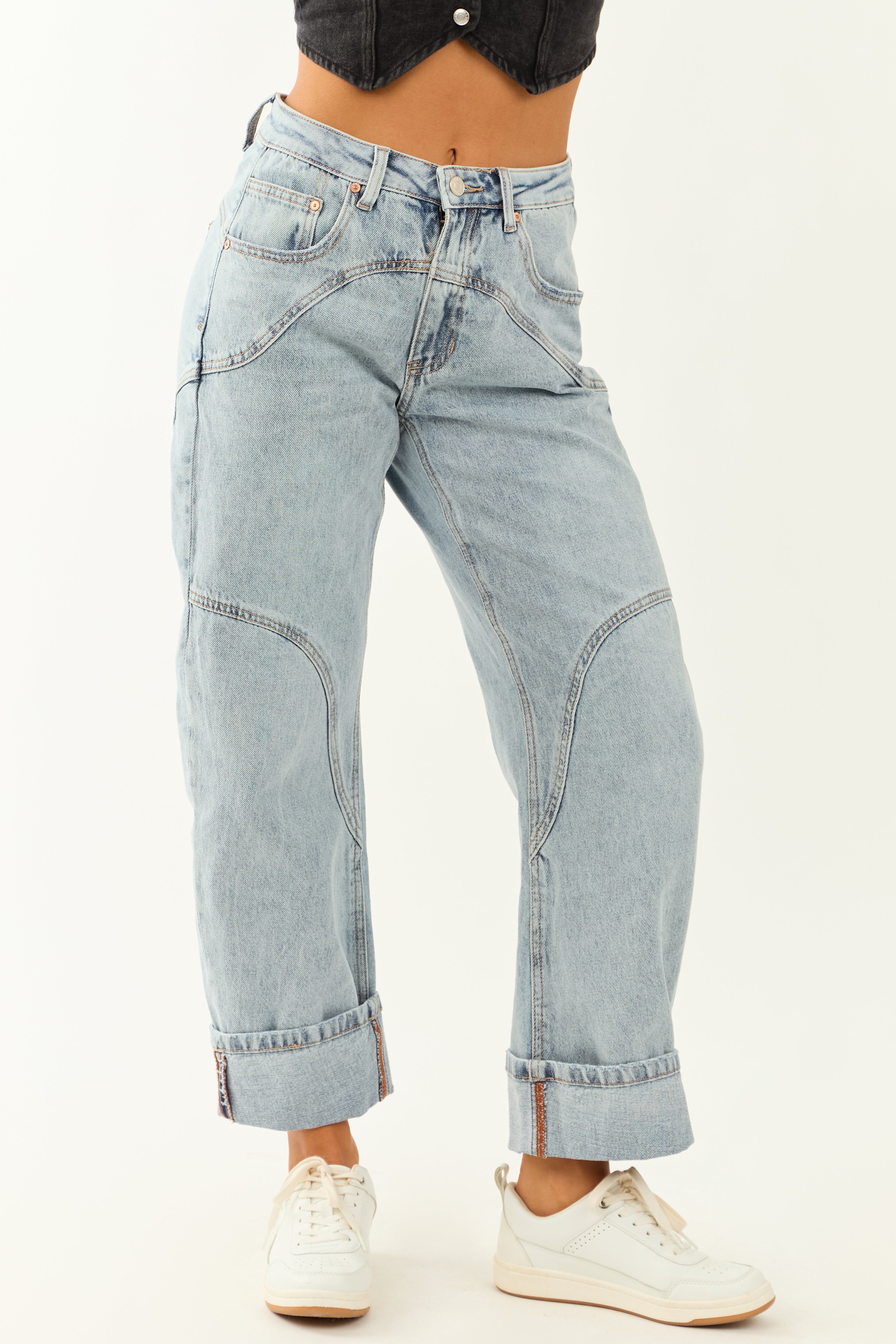 Saige Light Wash High Rise Cuffed Barrel Jeans