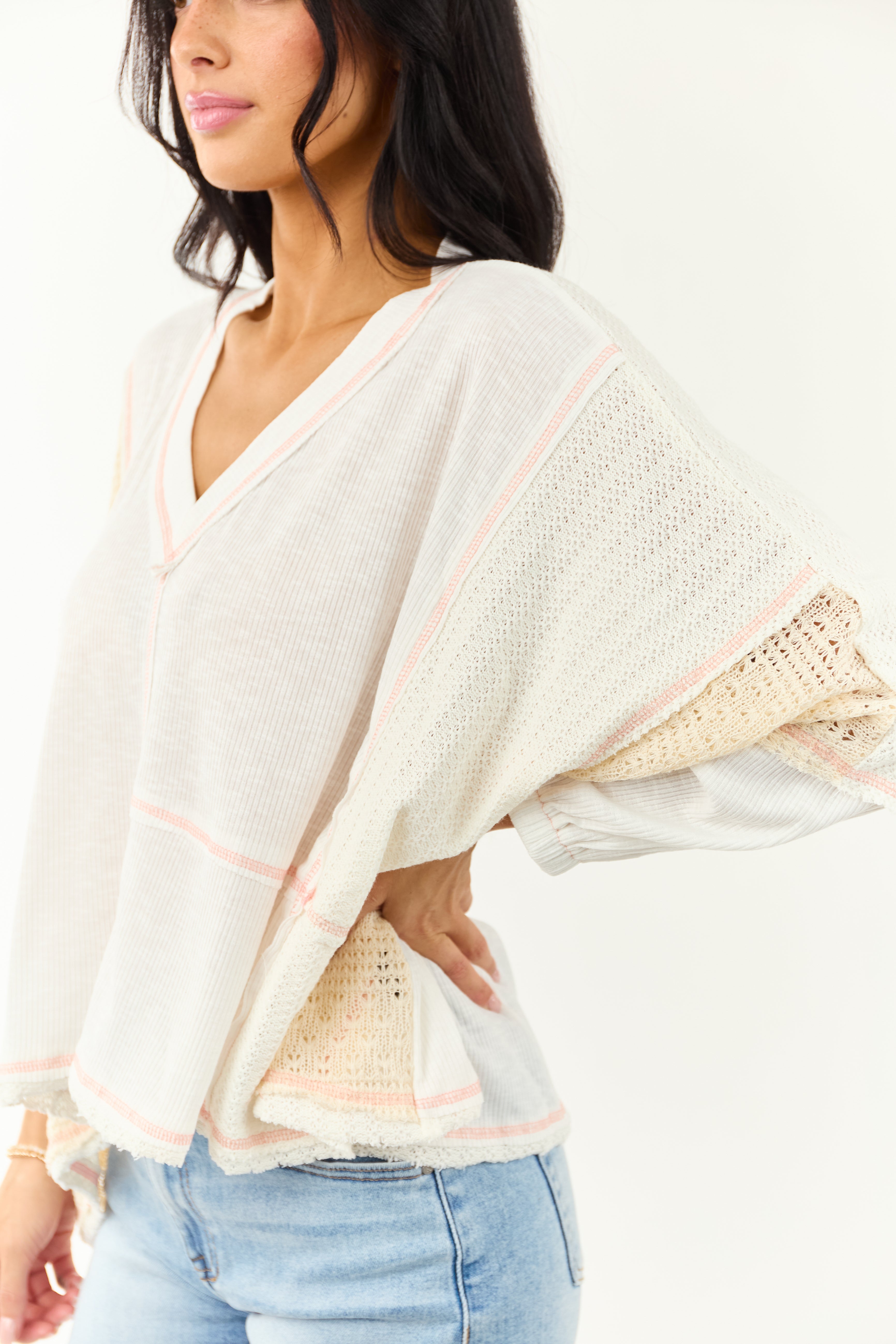 POL Off White and Cream Contrast Knit Relaxed Top