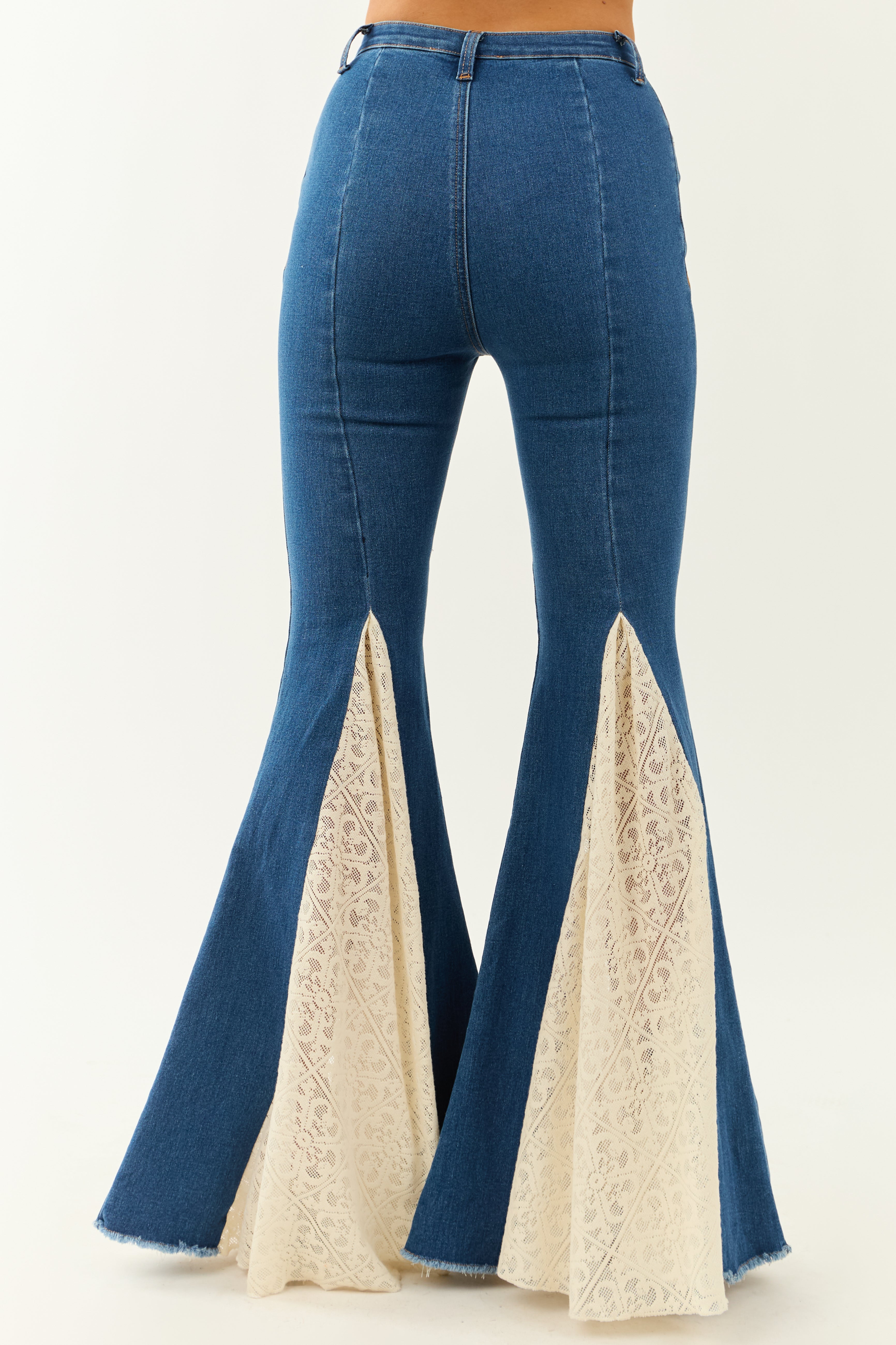 Medium Wash Super Flare Lace Hem Stretchy Jeans