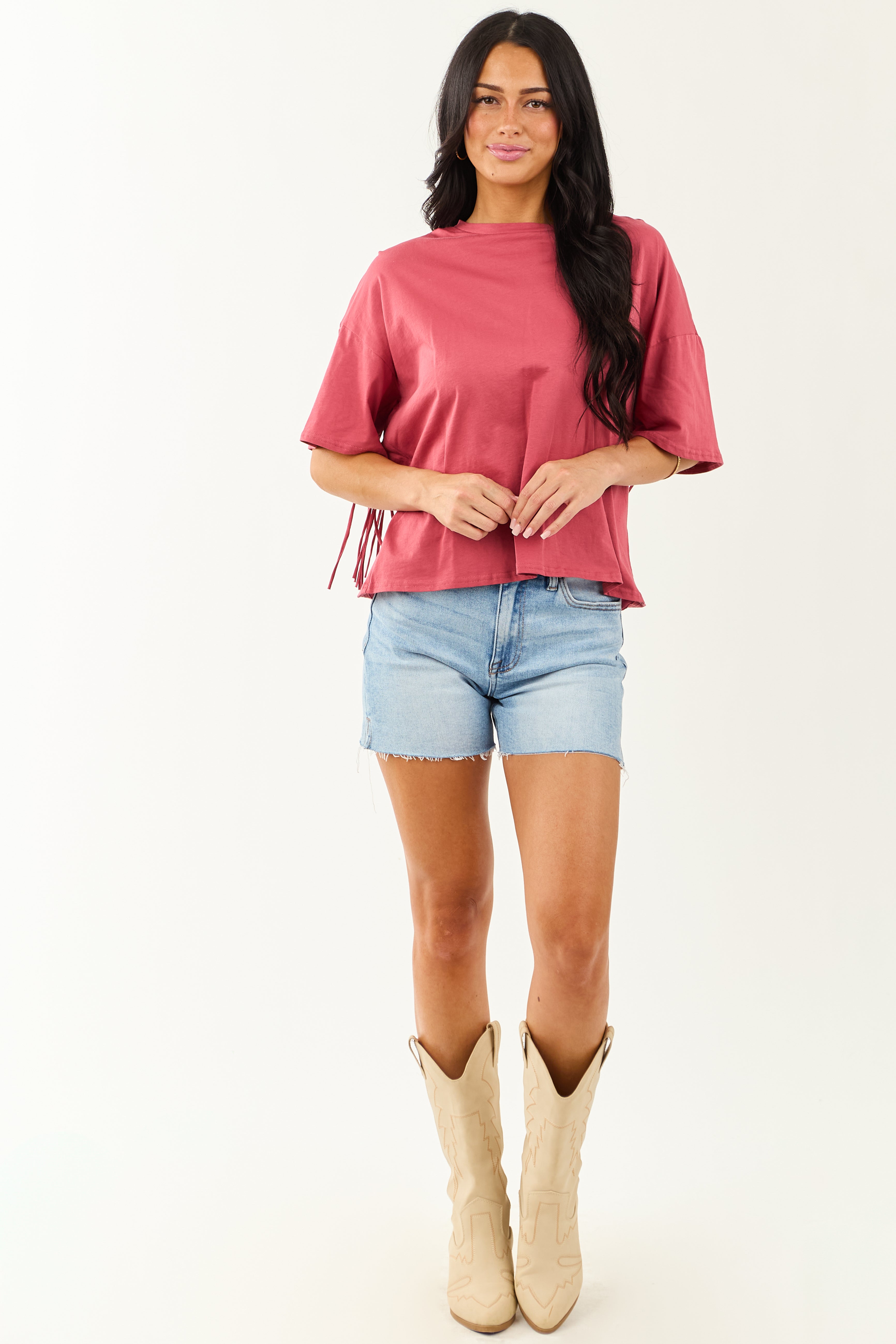 Marsala Half Sleeve Cotton Back Fringe Top
