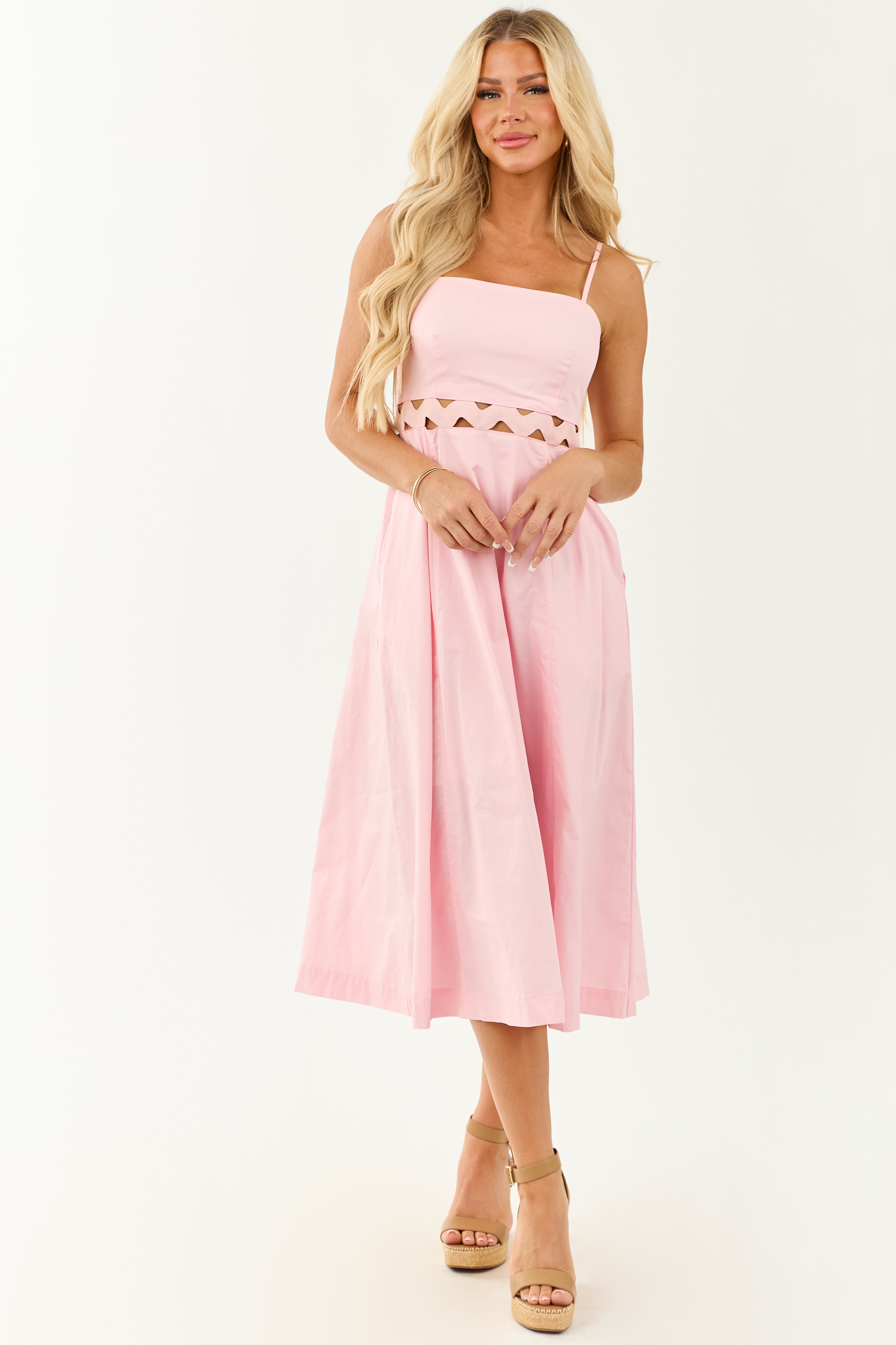 Carnation Rickrack Cutout Waist Cotton Midi Dress