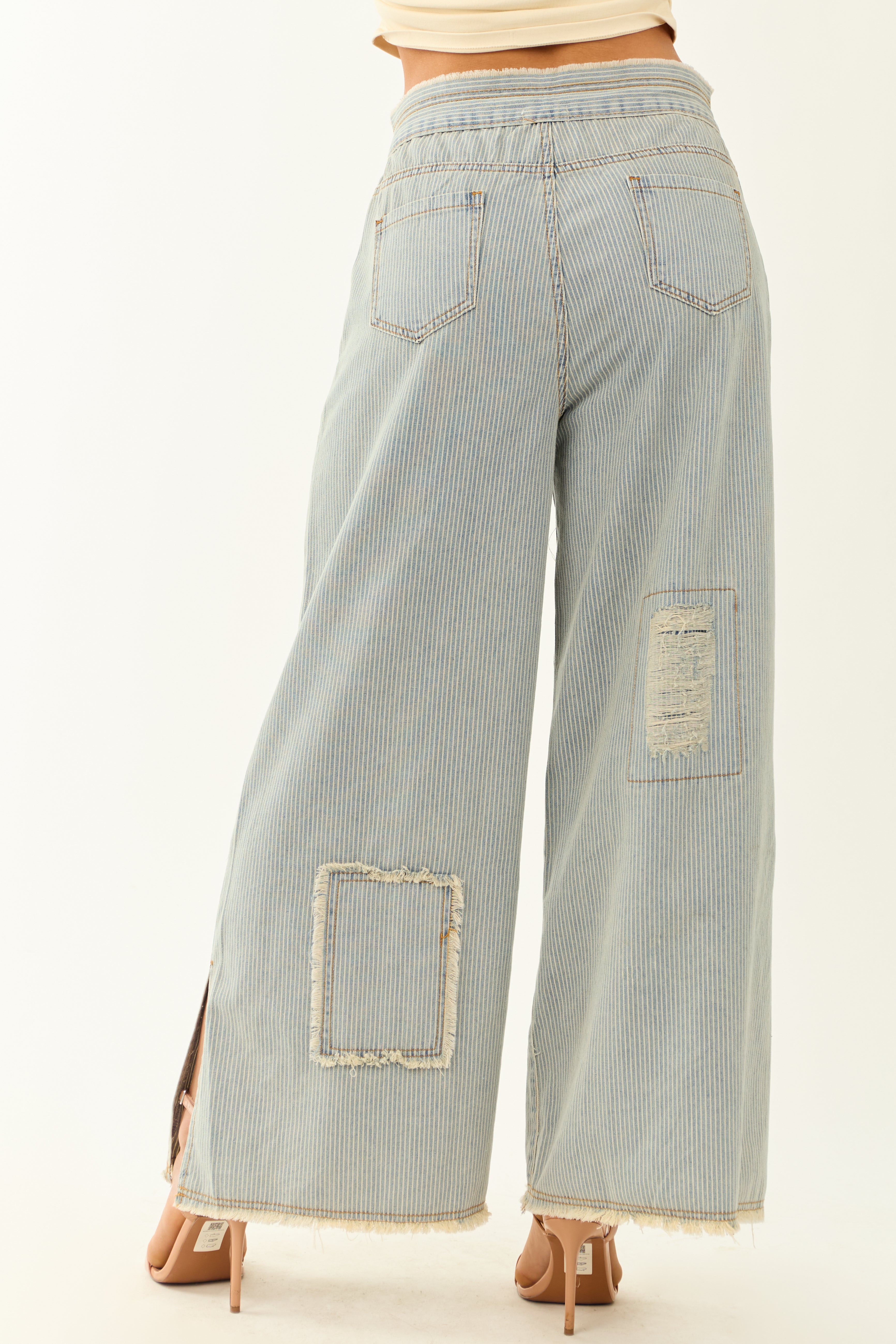 POL Powder Blue Railroad Stripe Wide Patchwork Pants
