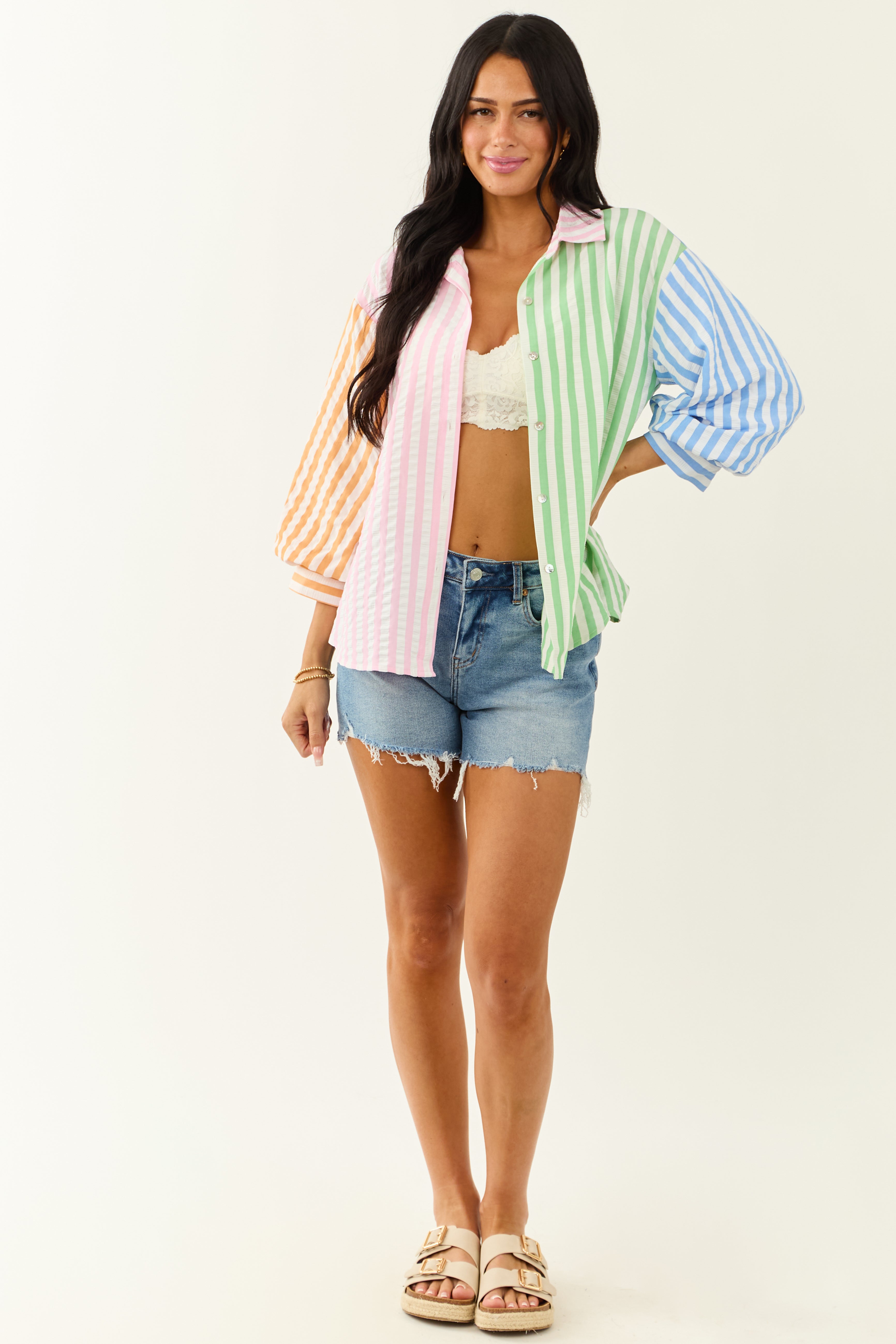 Entro Off White Striped Colorblock 3/4 Sleeve Top