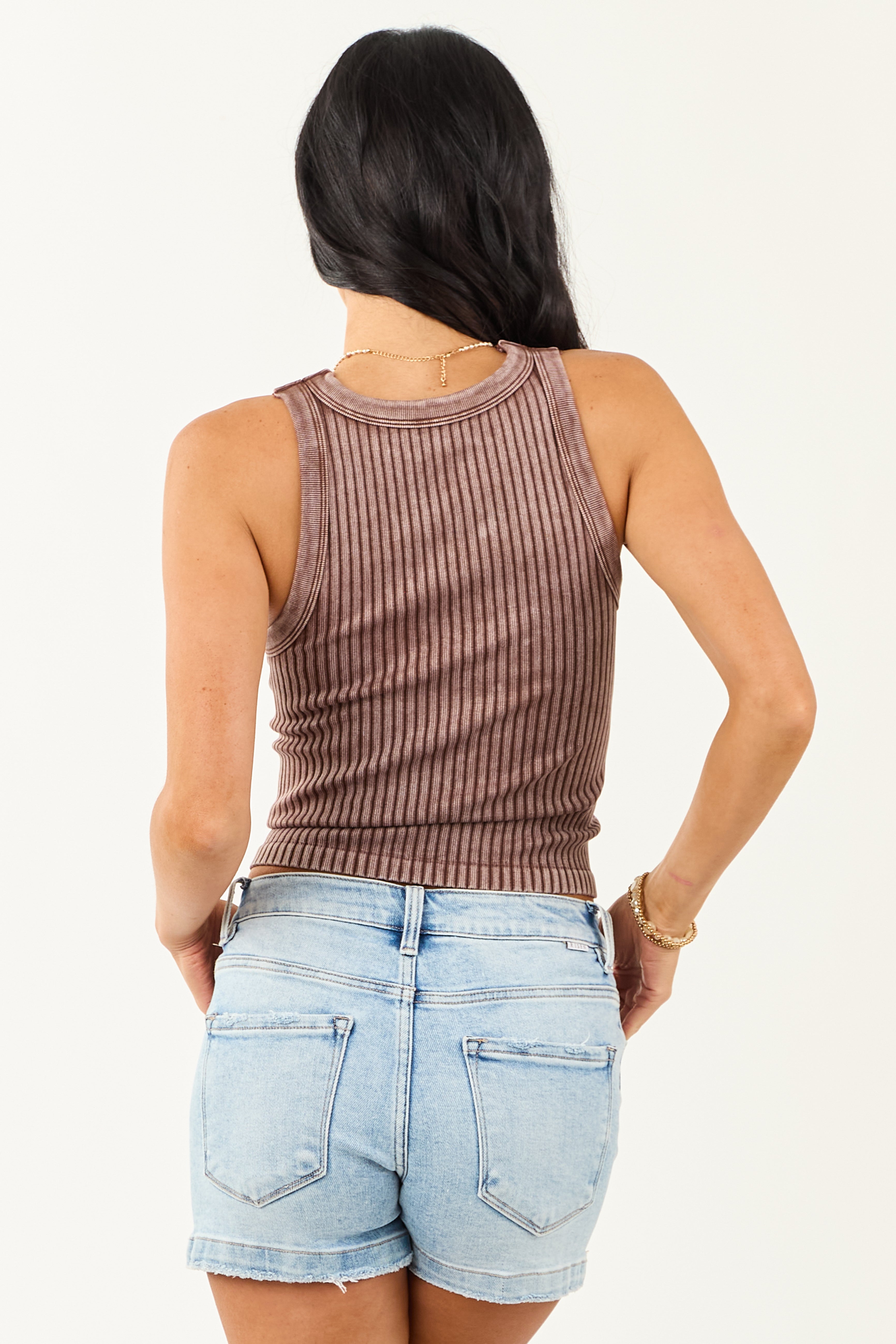 Mocha Ribbed Stretchy Knit Washed Tank Top