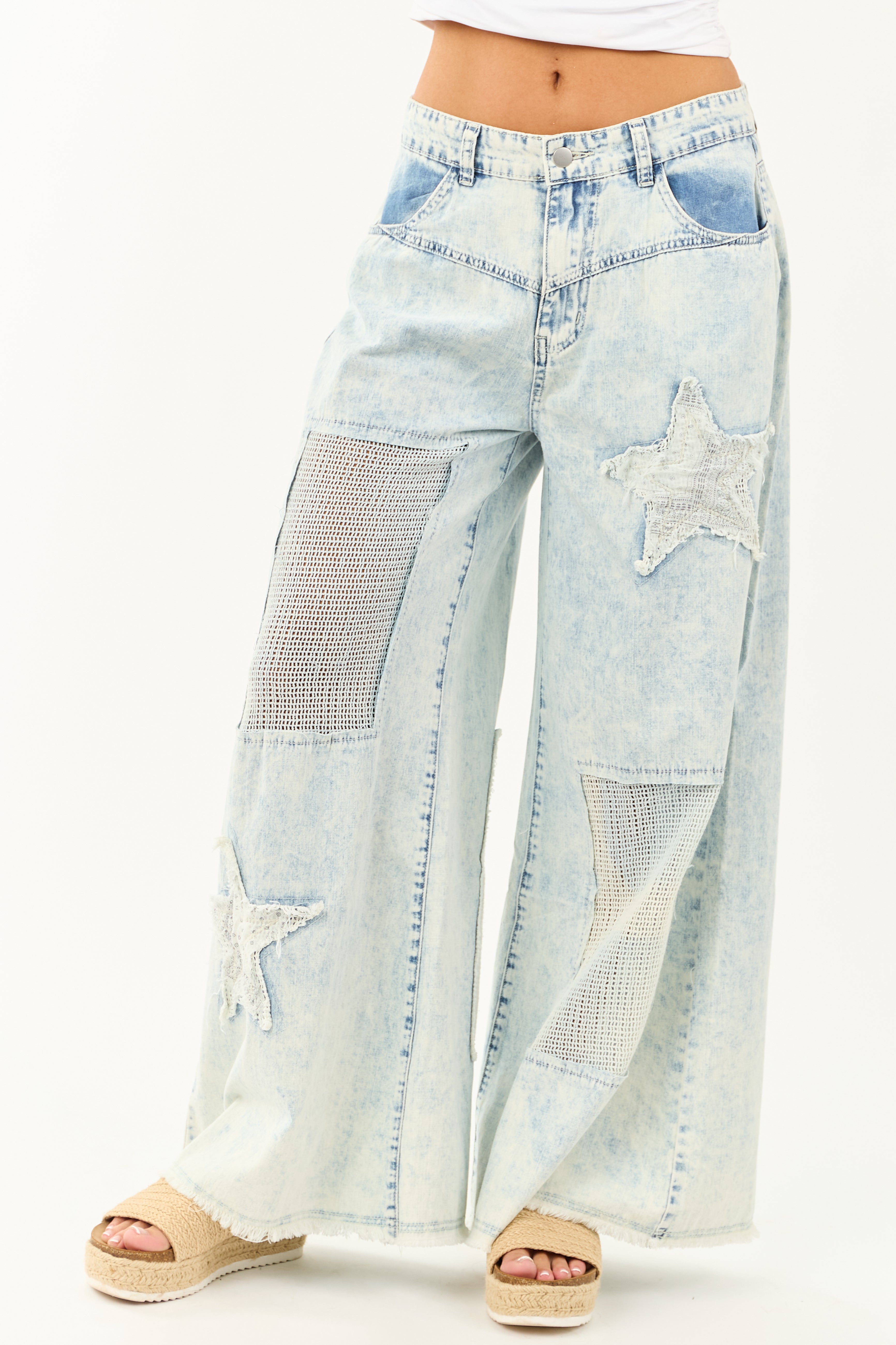 POL Acid Wash Patchwork Lightweight Denim Pants