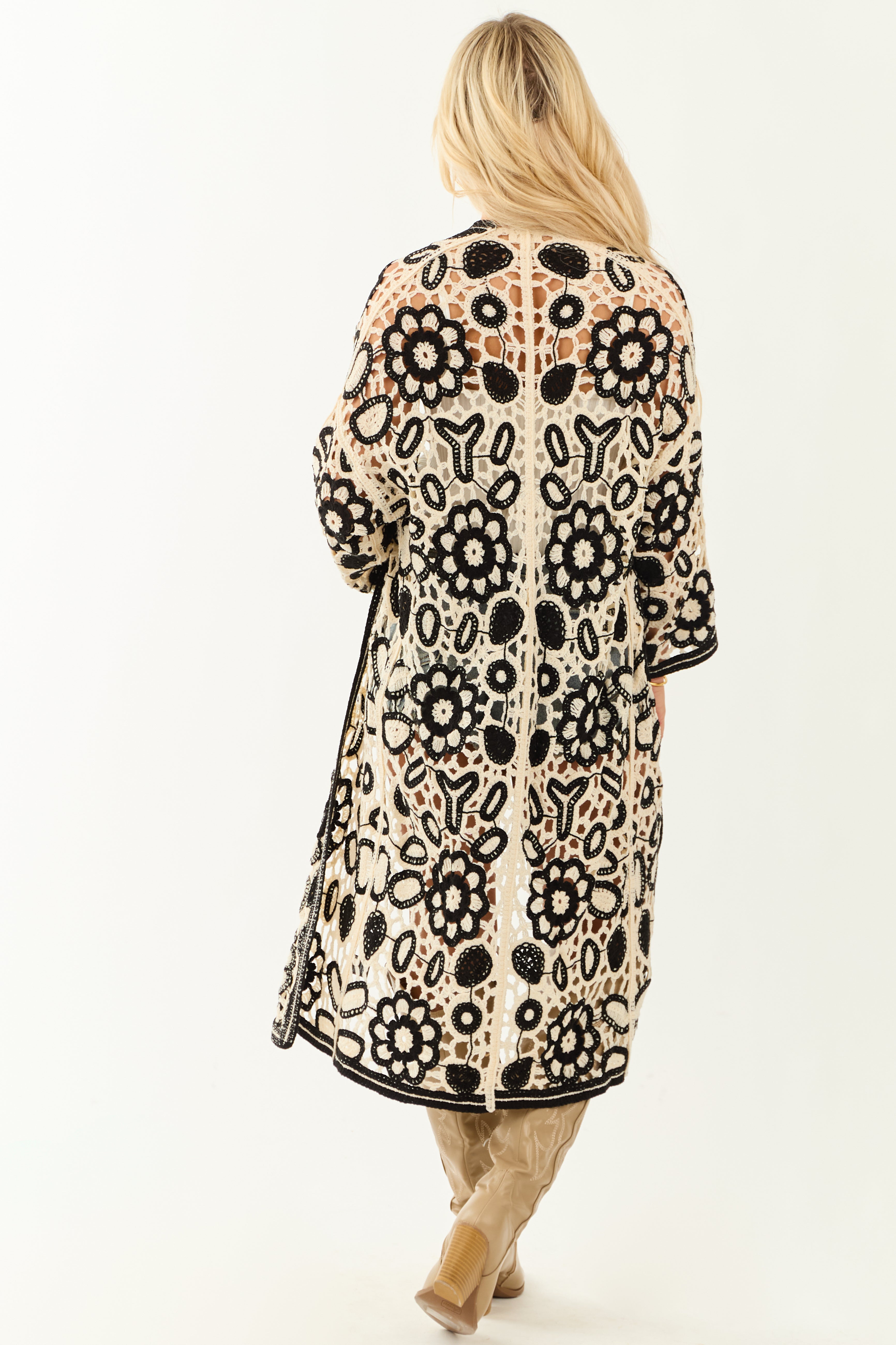 POL Cream and Black Crochet Open Duster Cardigan