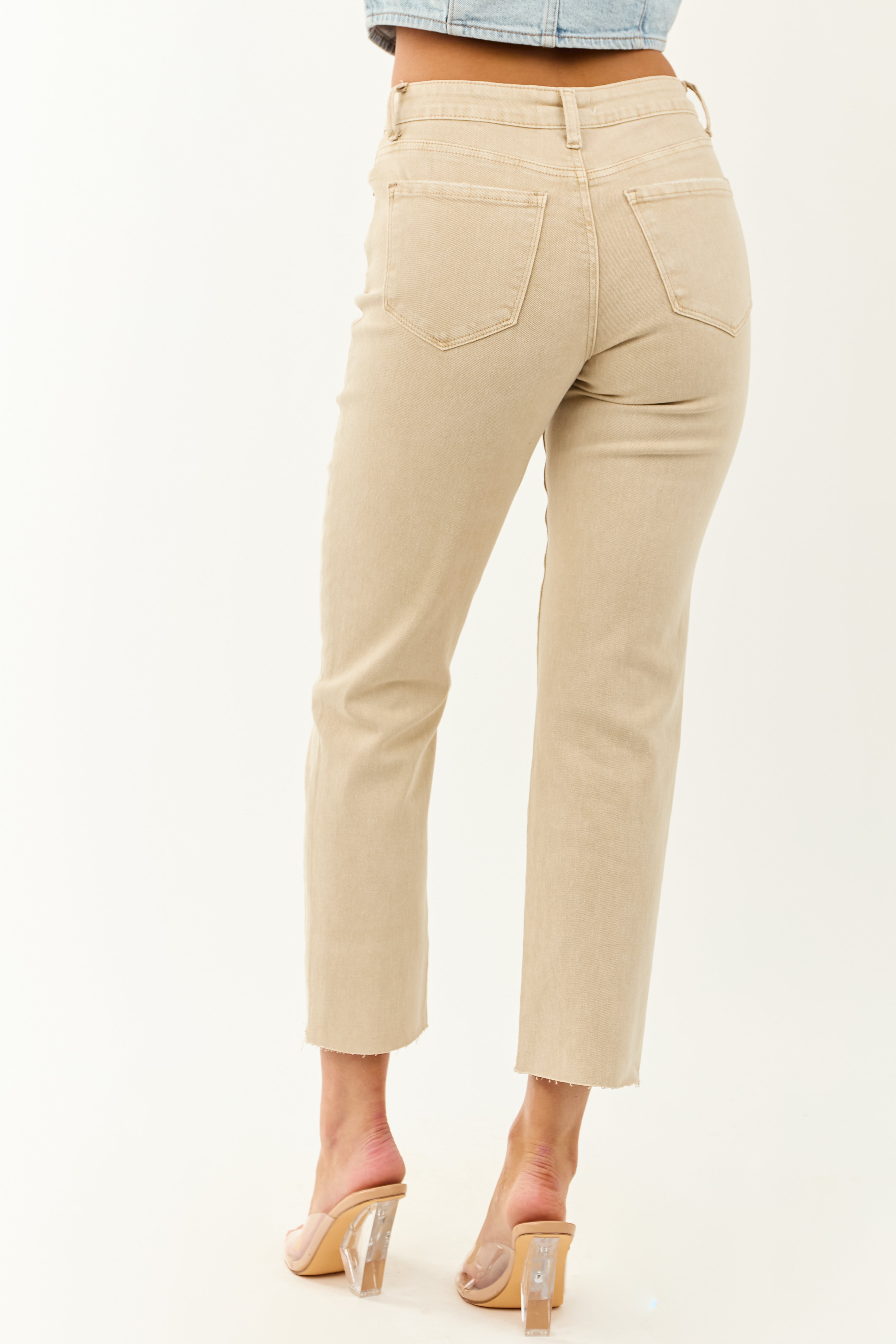 Beige Cropped High Rise Stretchy Straight Jeans