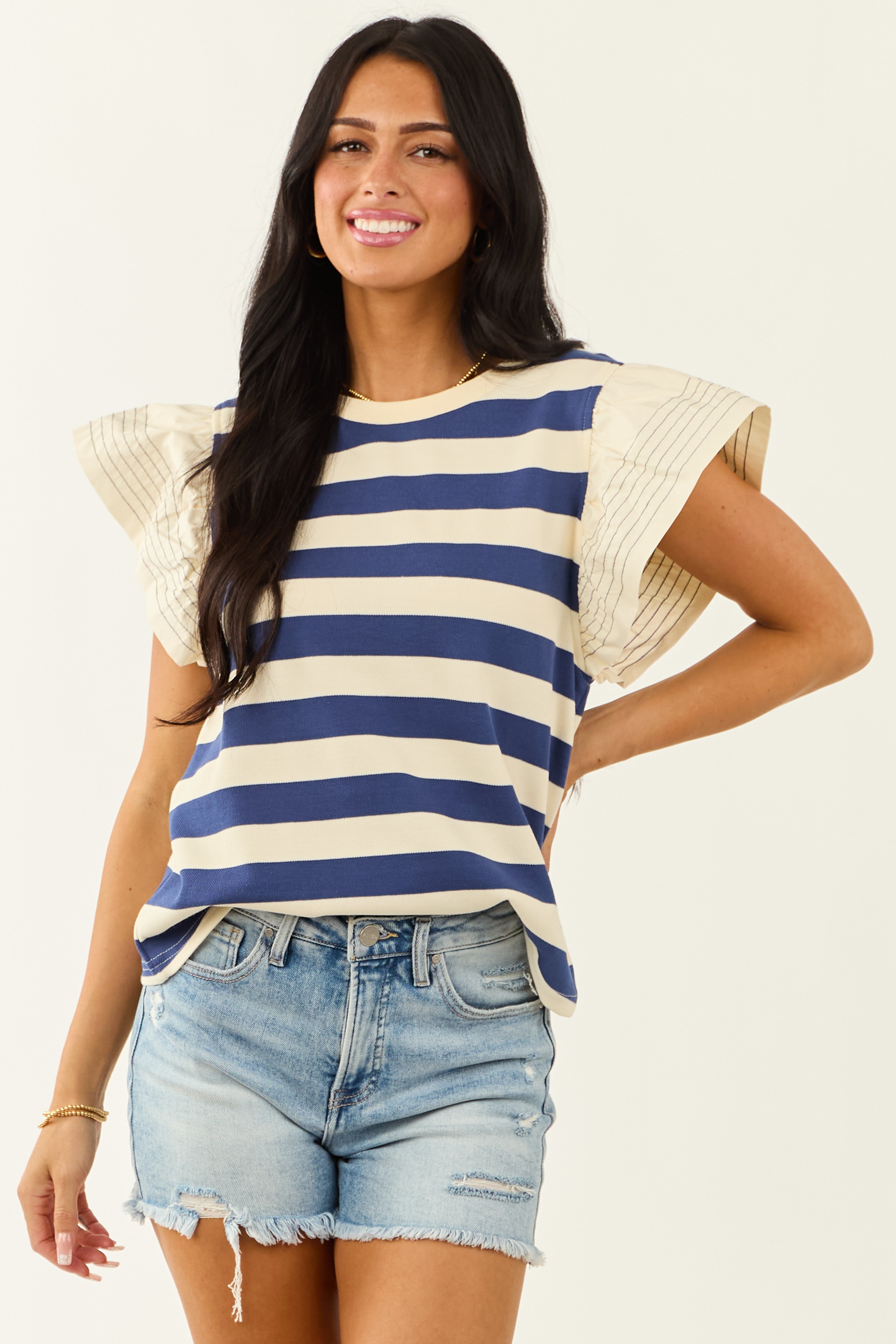 Navy and Cream Striped Ruffle Sleeve Top