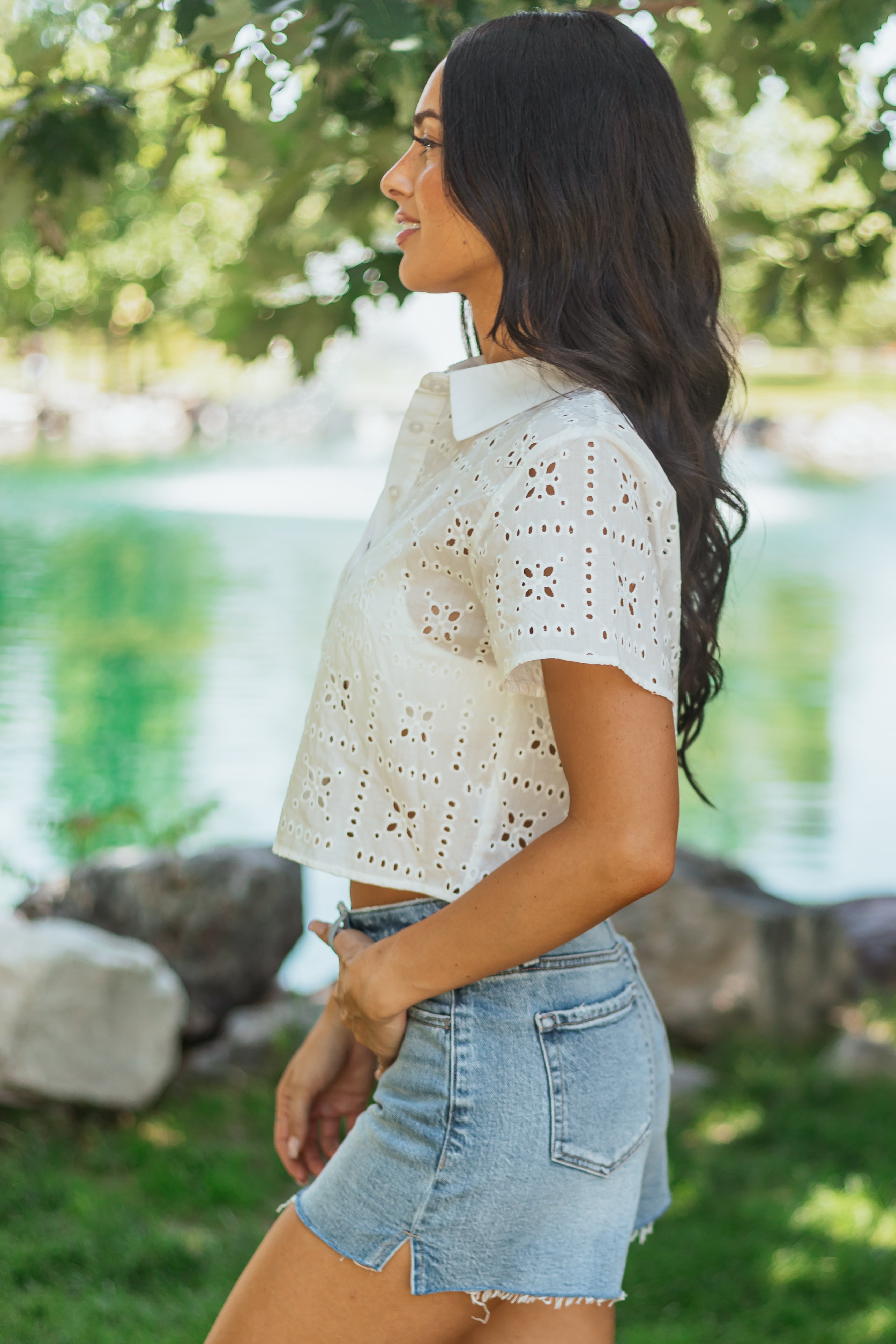 White Embroidered Eyelet Button Up Cotton Top