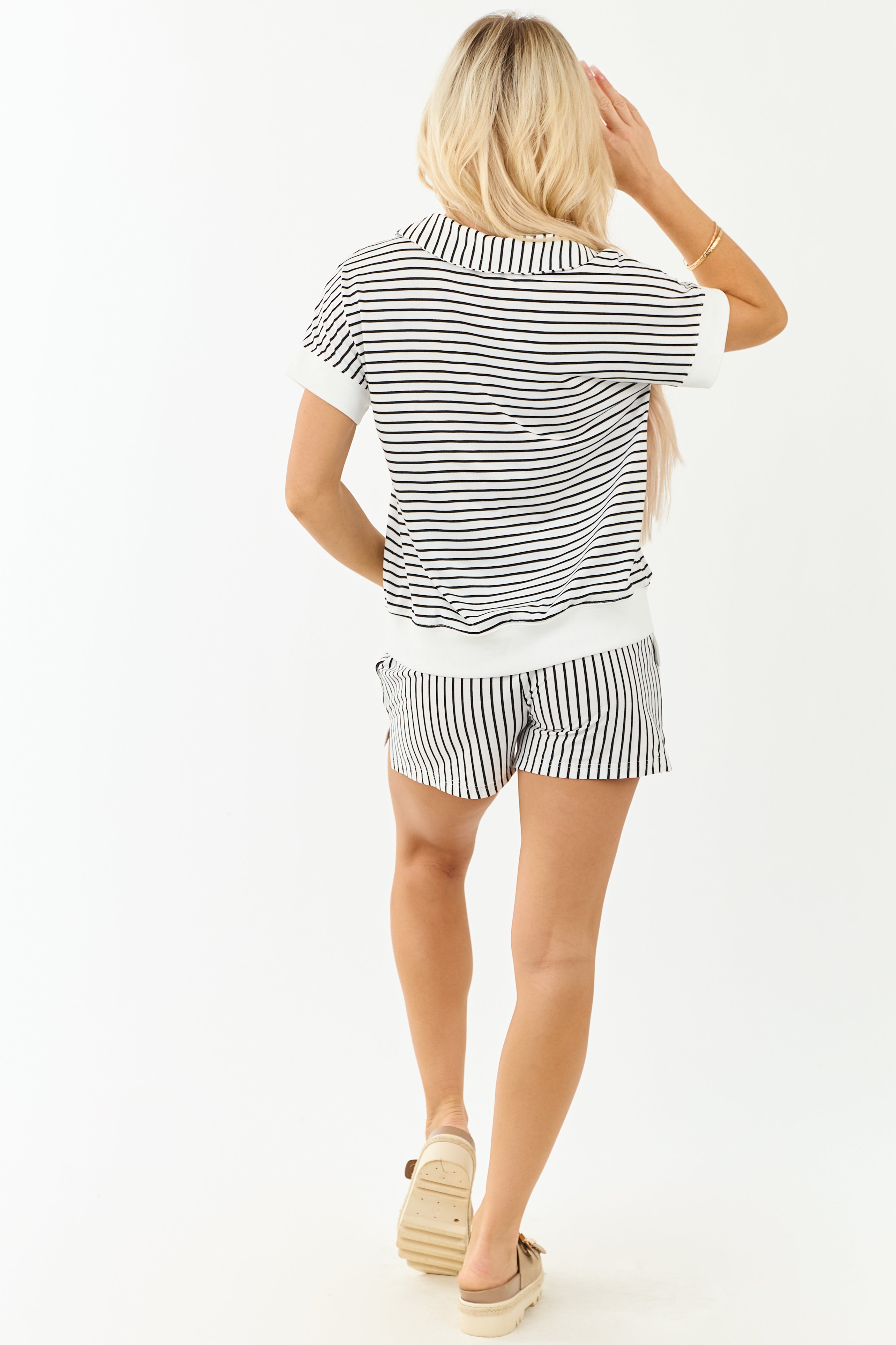 Off White and Black Striped Top and Shorts Set