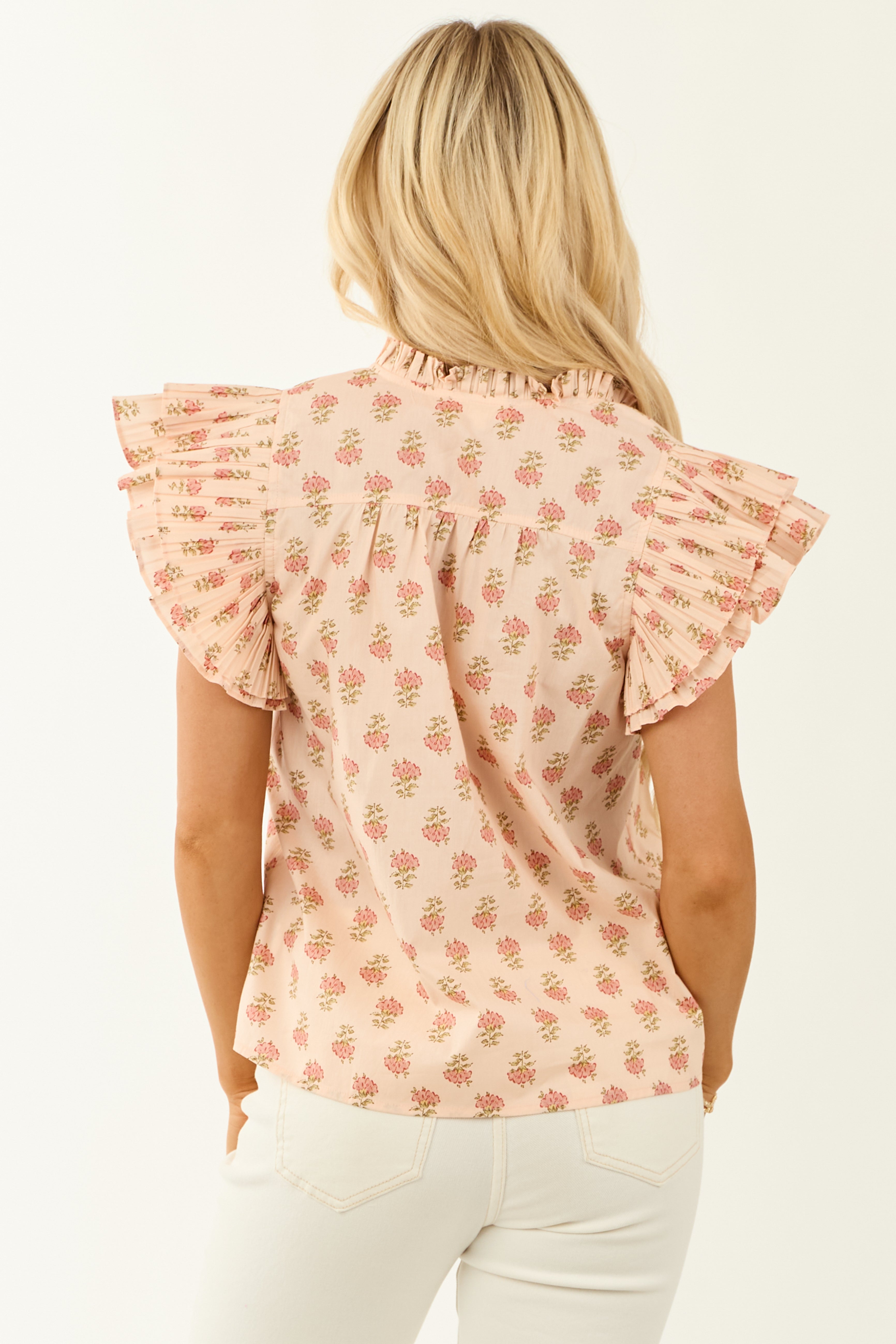 Entro Tea Rose Floral Print Ruffle Cap Sleeve Blouse