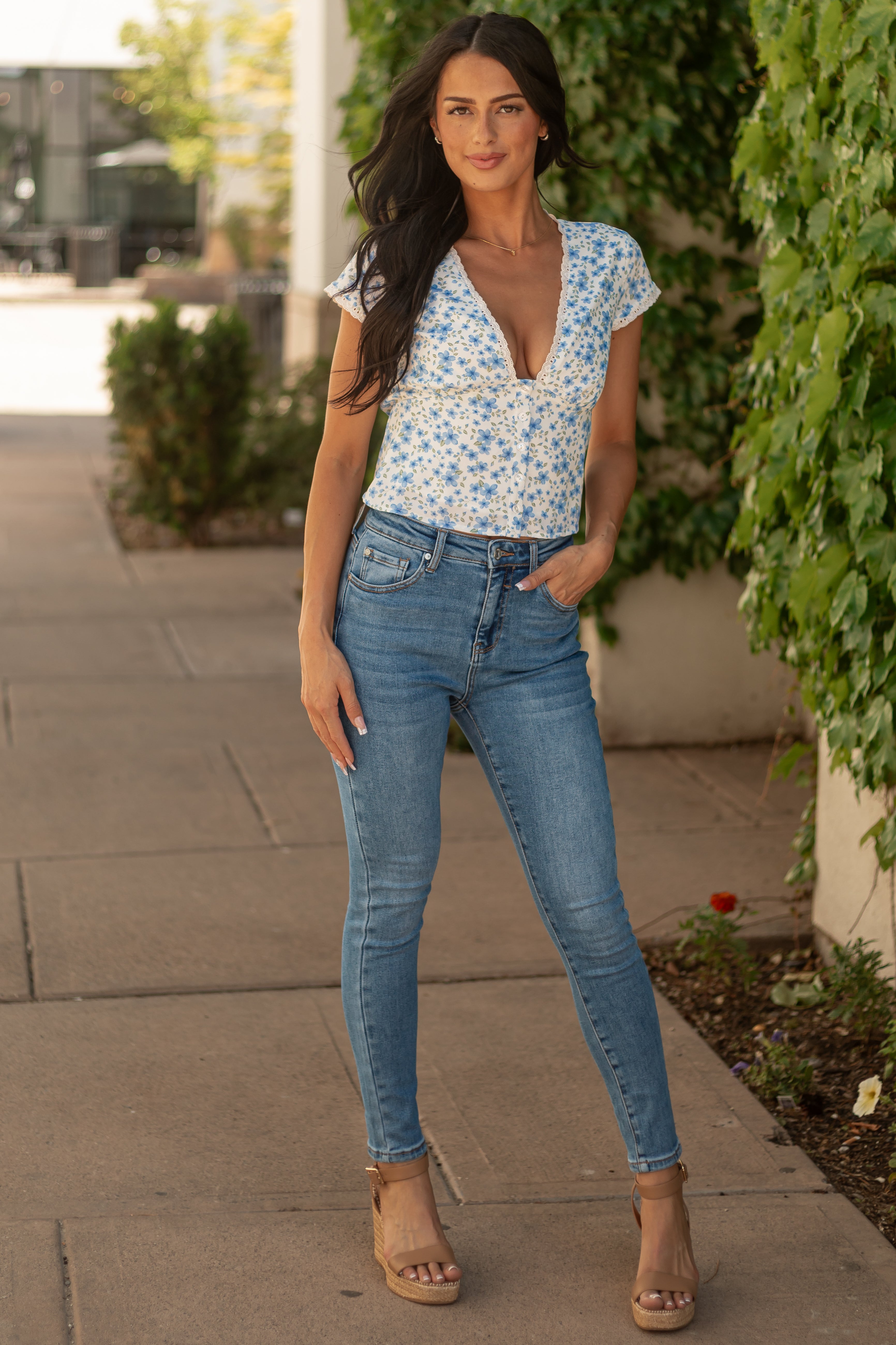 Ivory Floral Deep V Cap Sleeve Button Up Blouse