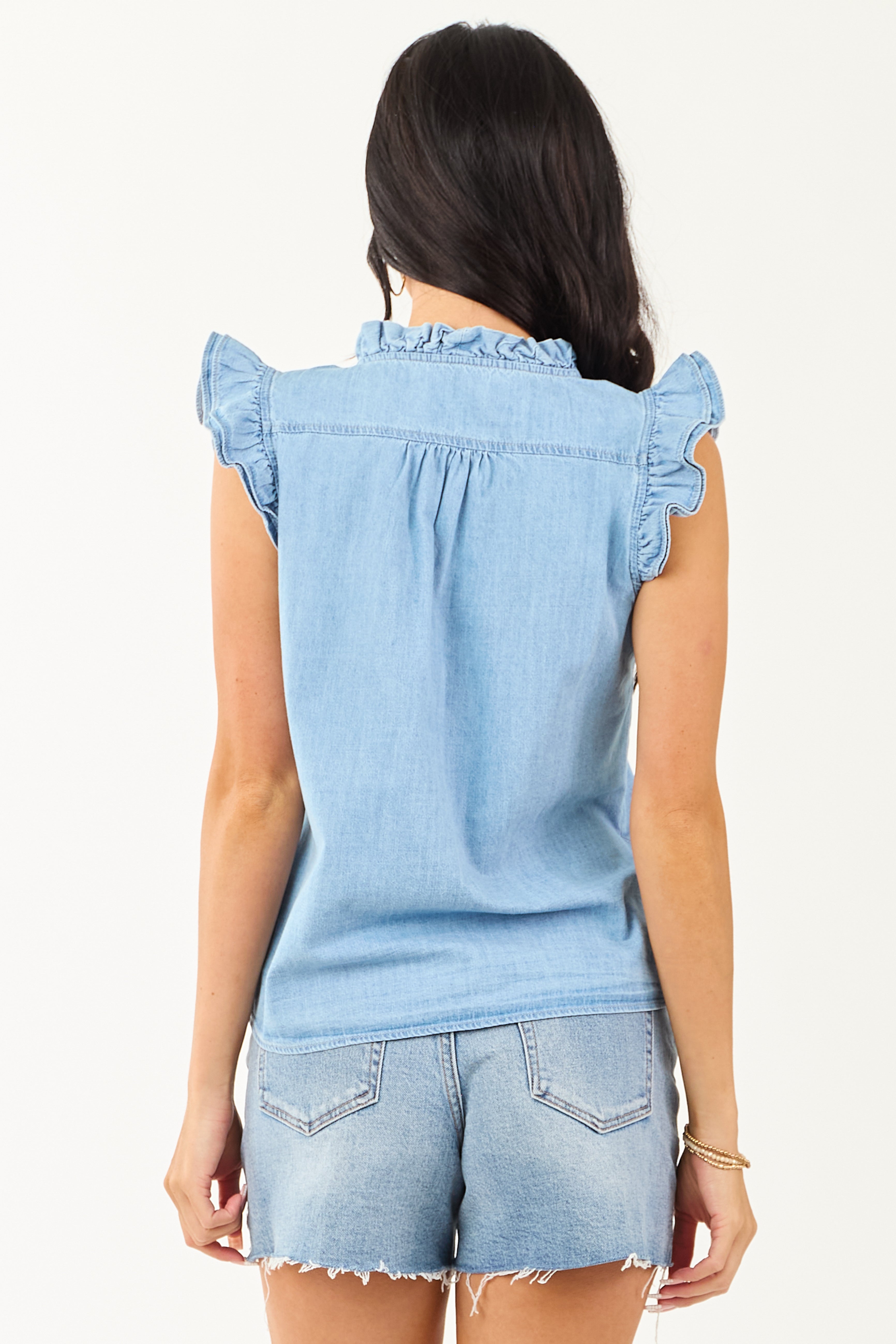 Light Wash Chambray Layered Ruffle Cap Sleeve Top
