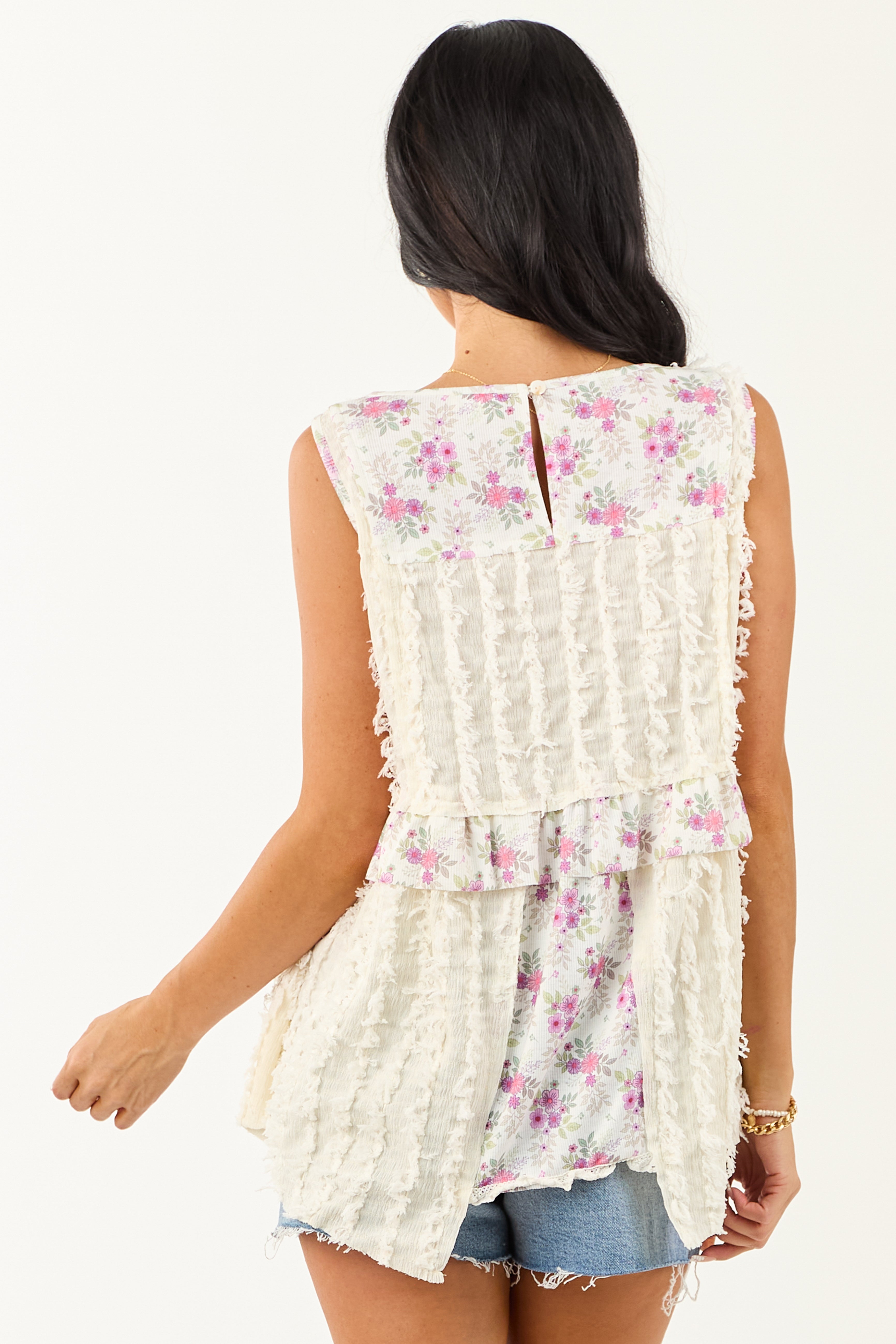POL Cream Floral Patchwork Fringe Textured Tank Top