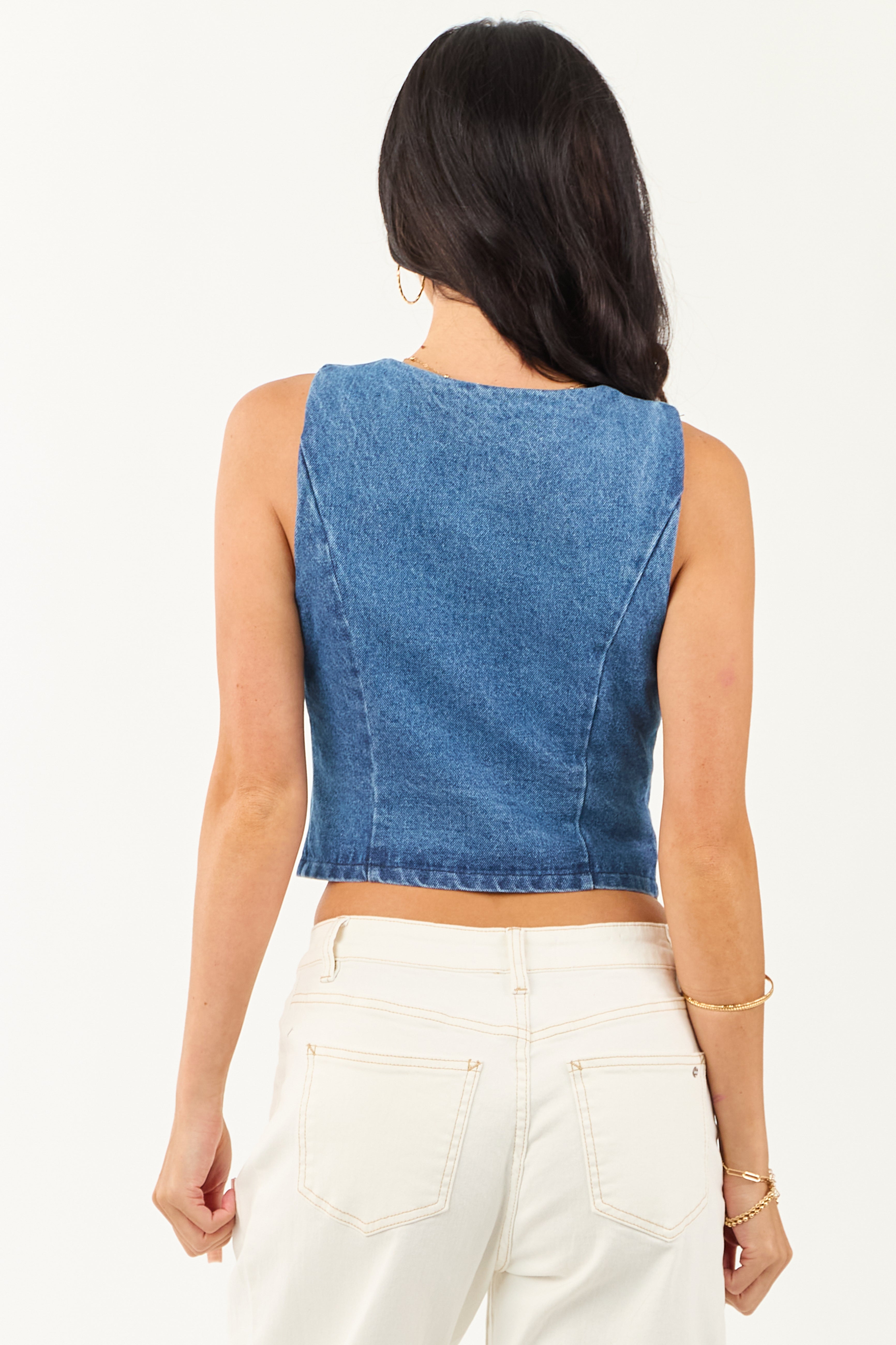 Medium Wash Princess Seam Button Up Denim Vest