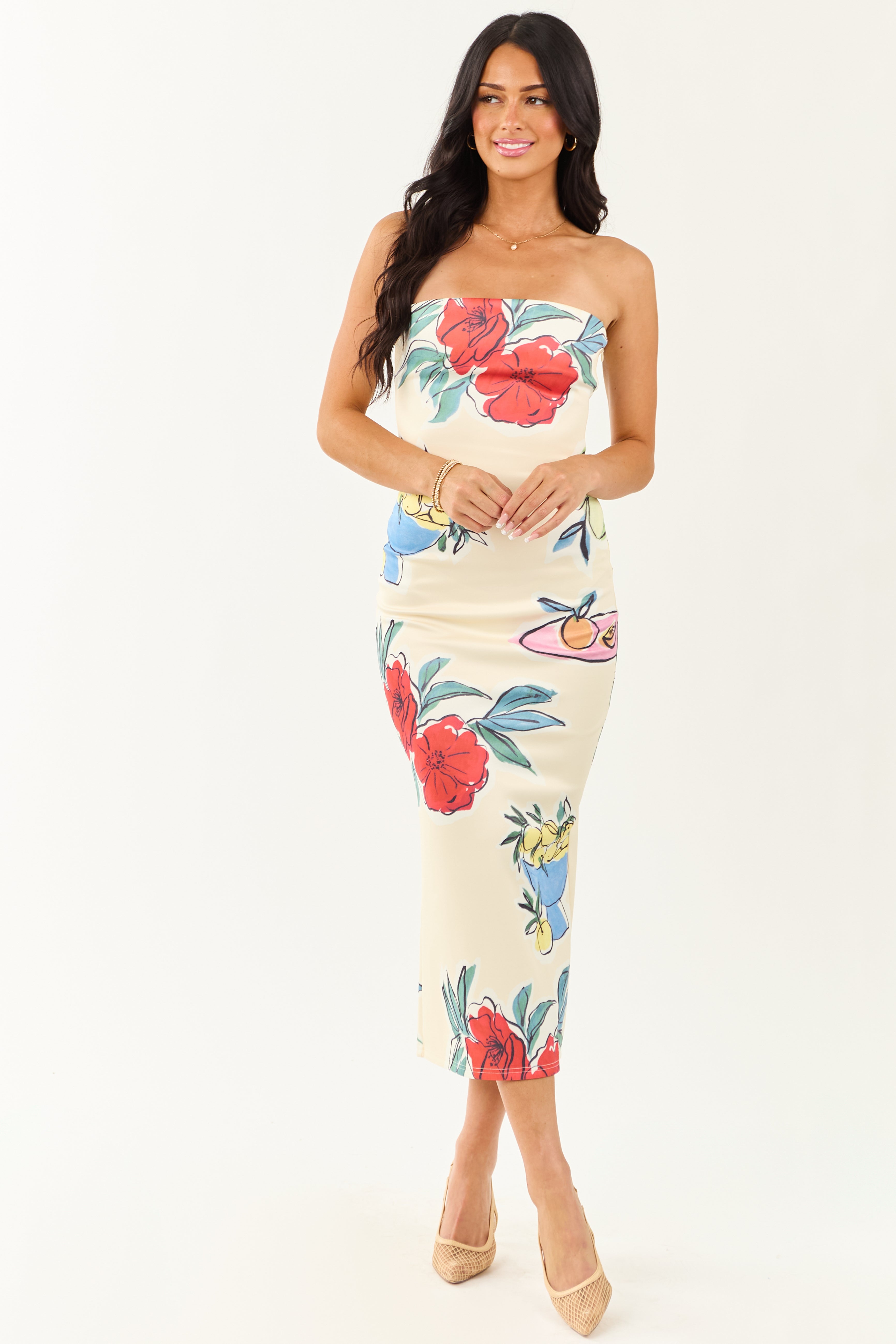 Cream Fruit and Floral Print Strapless Midi Dress