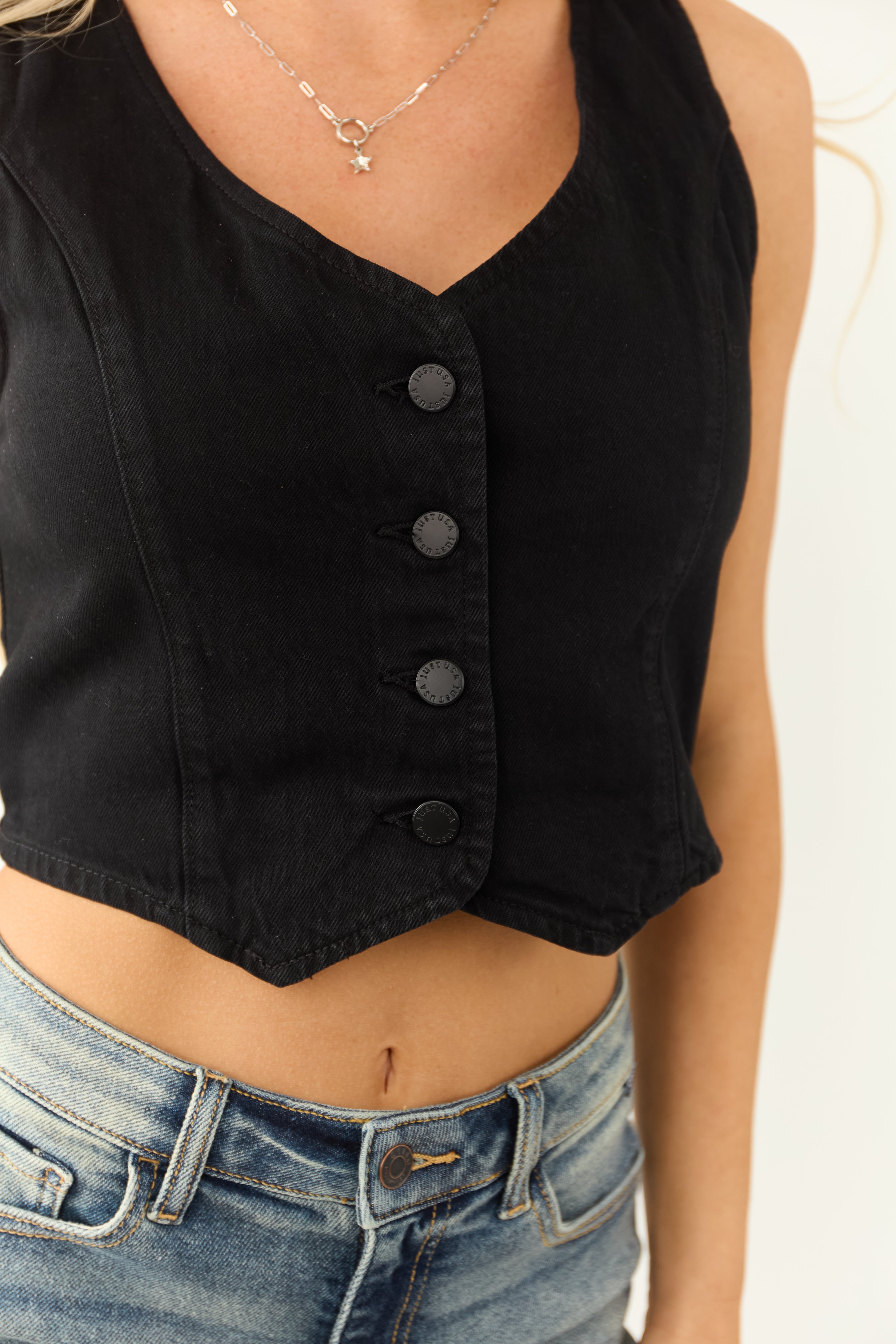 Black Denim Button Down Cropped Vest