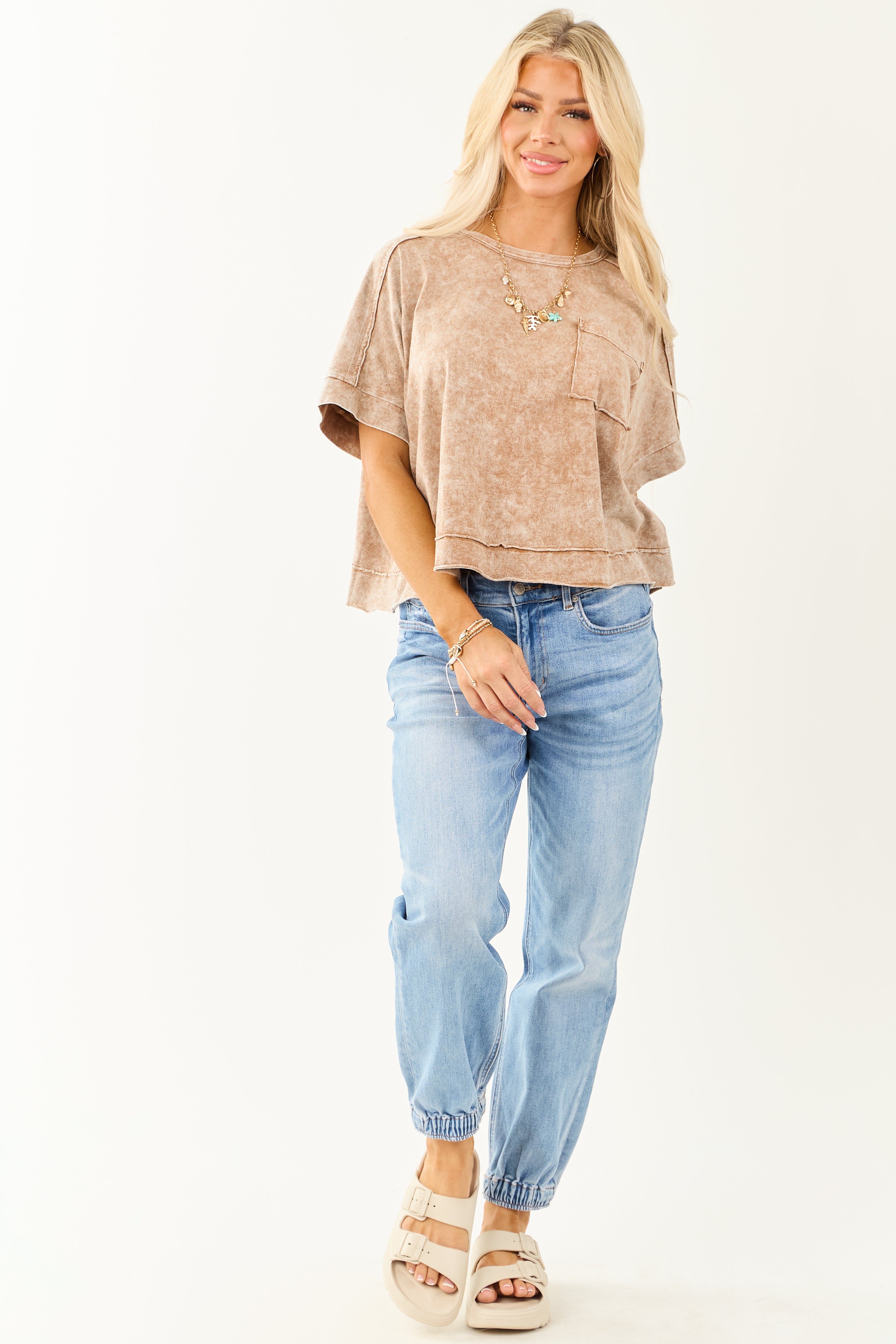 Coffee Acid Wash Relaxed Cotton Short Sleeve Top