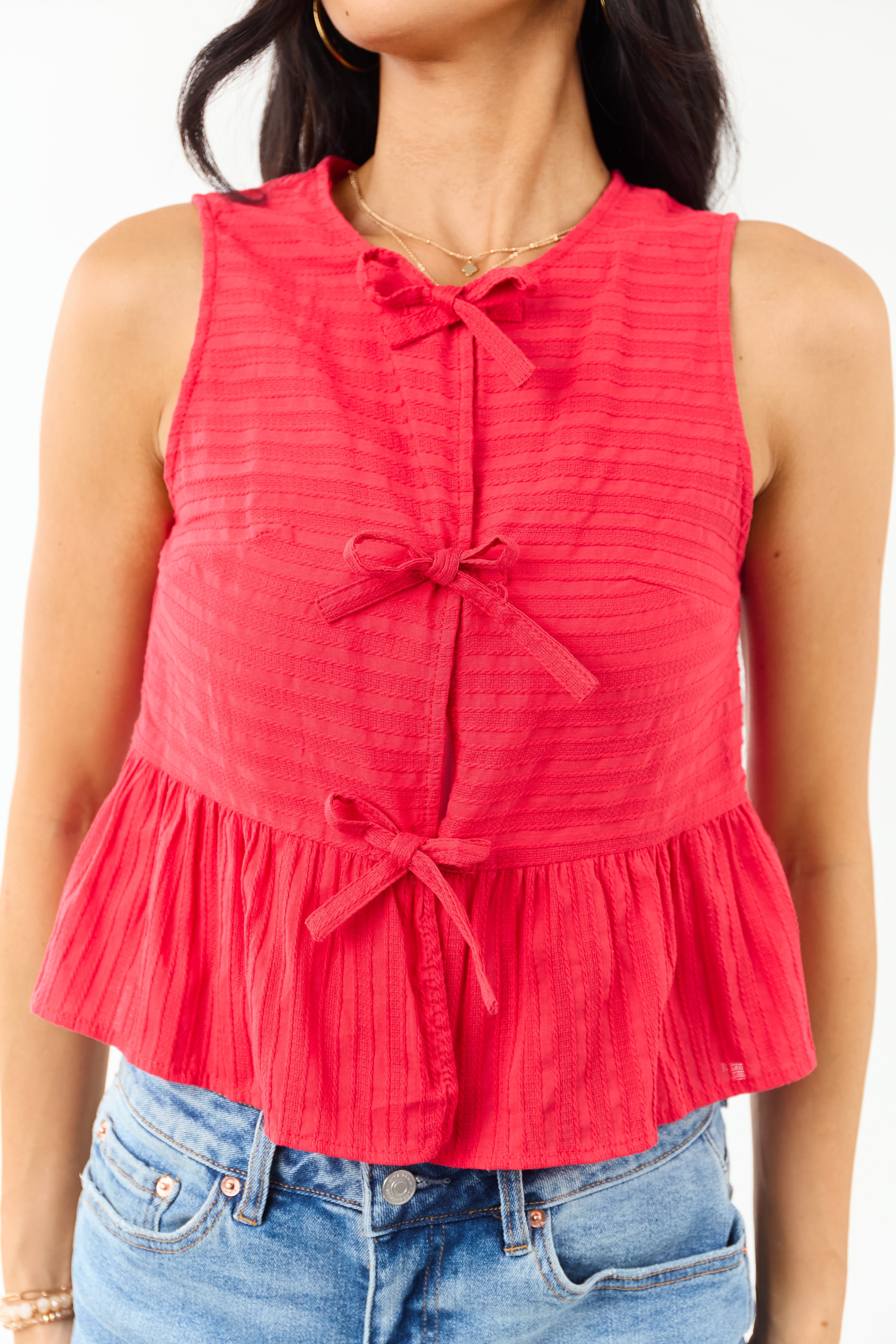 Crimson Textured Cotton Open Front Tank Top