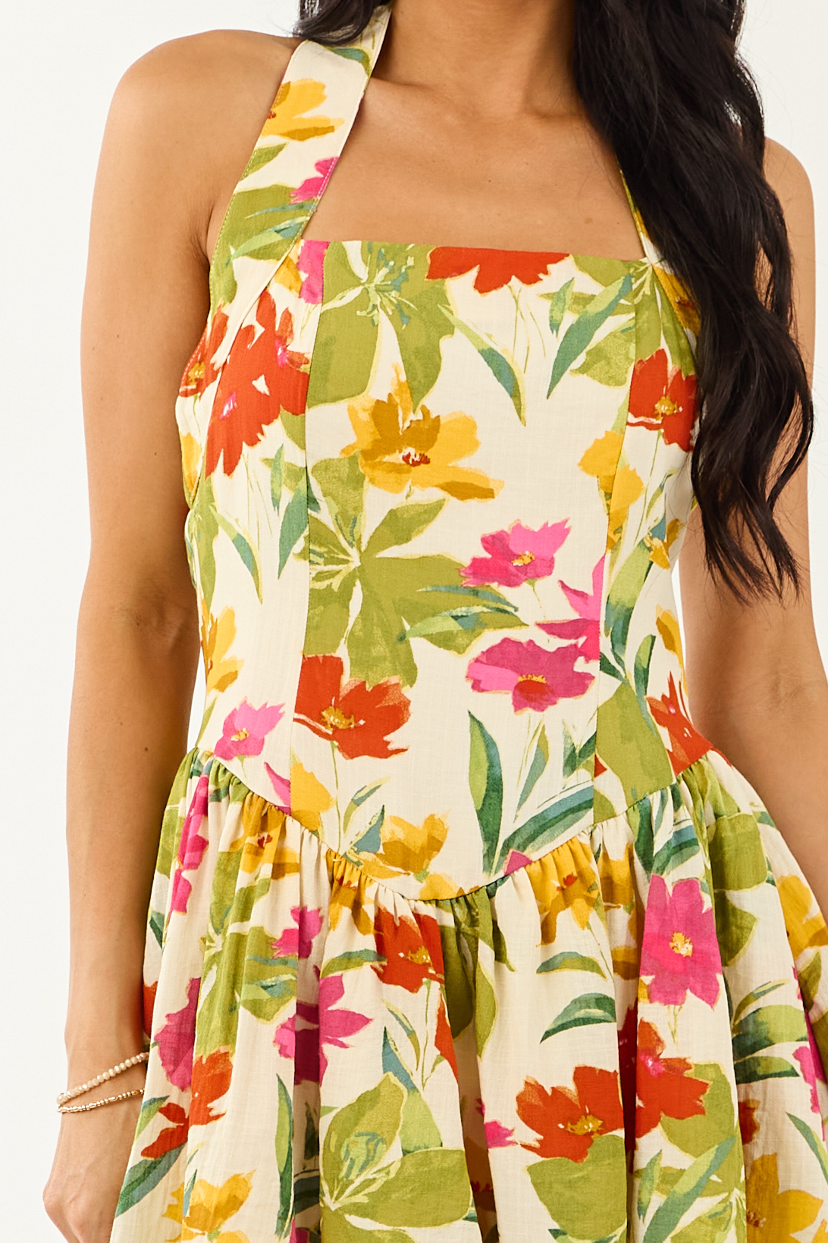 Cream Floral Print Halter Neck Mini Dress