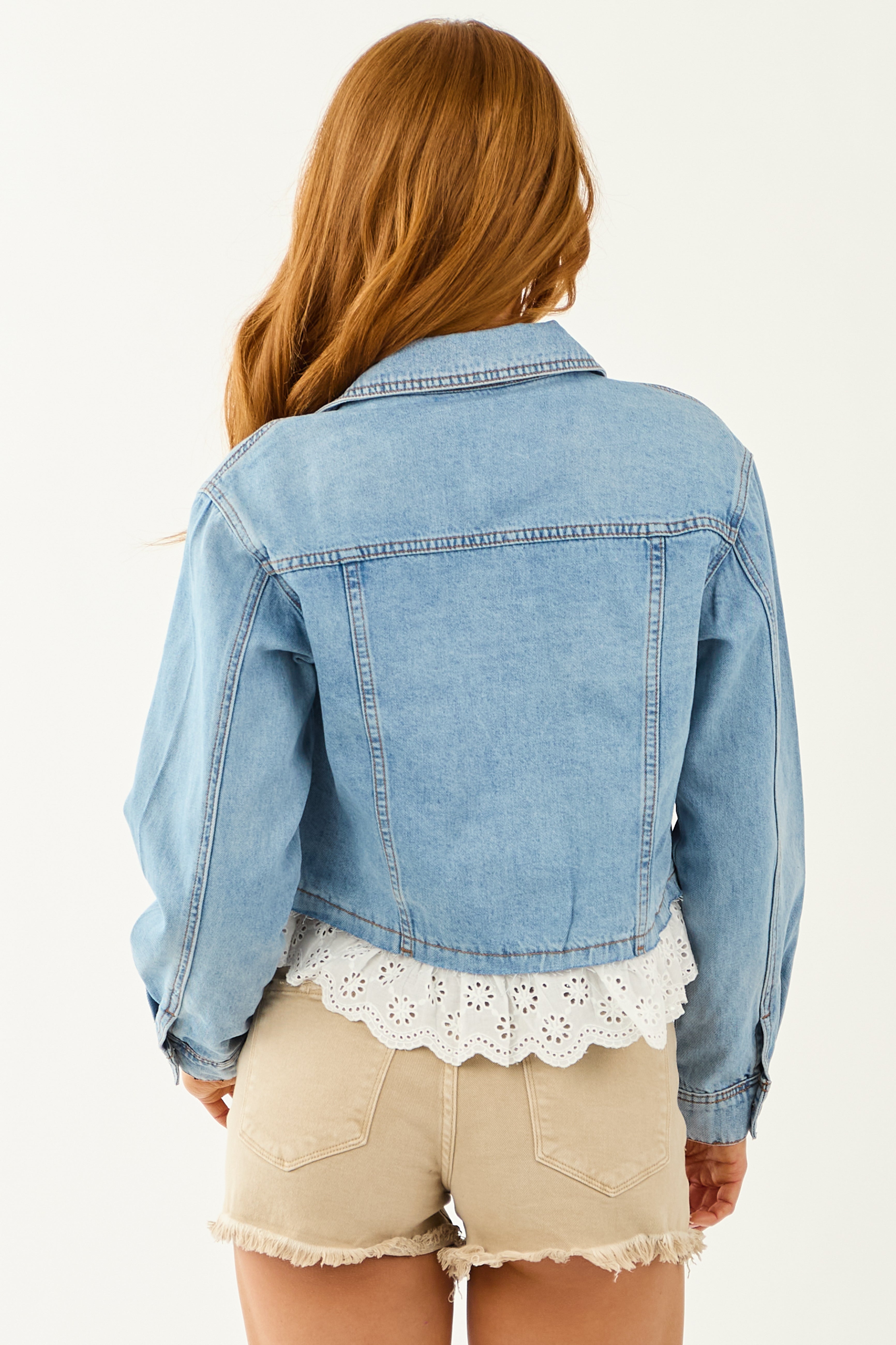 Medium Wash Button Down Lace Trim Denim Jacket