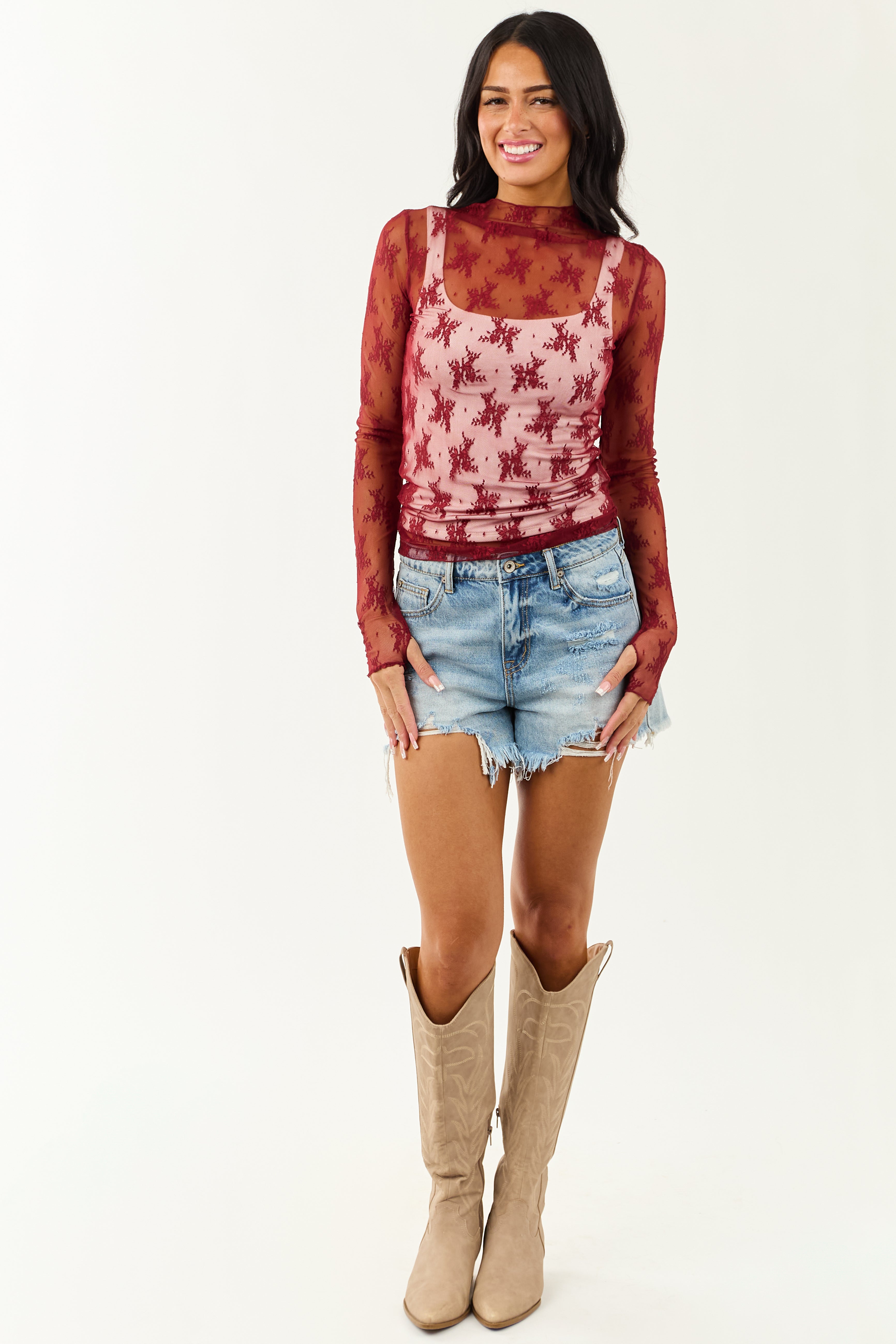 Wine Mesh Lace Mock Neck Long Sleeve Top