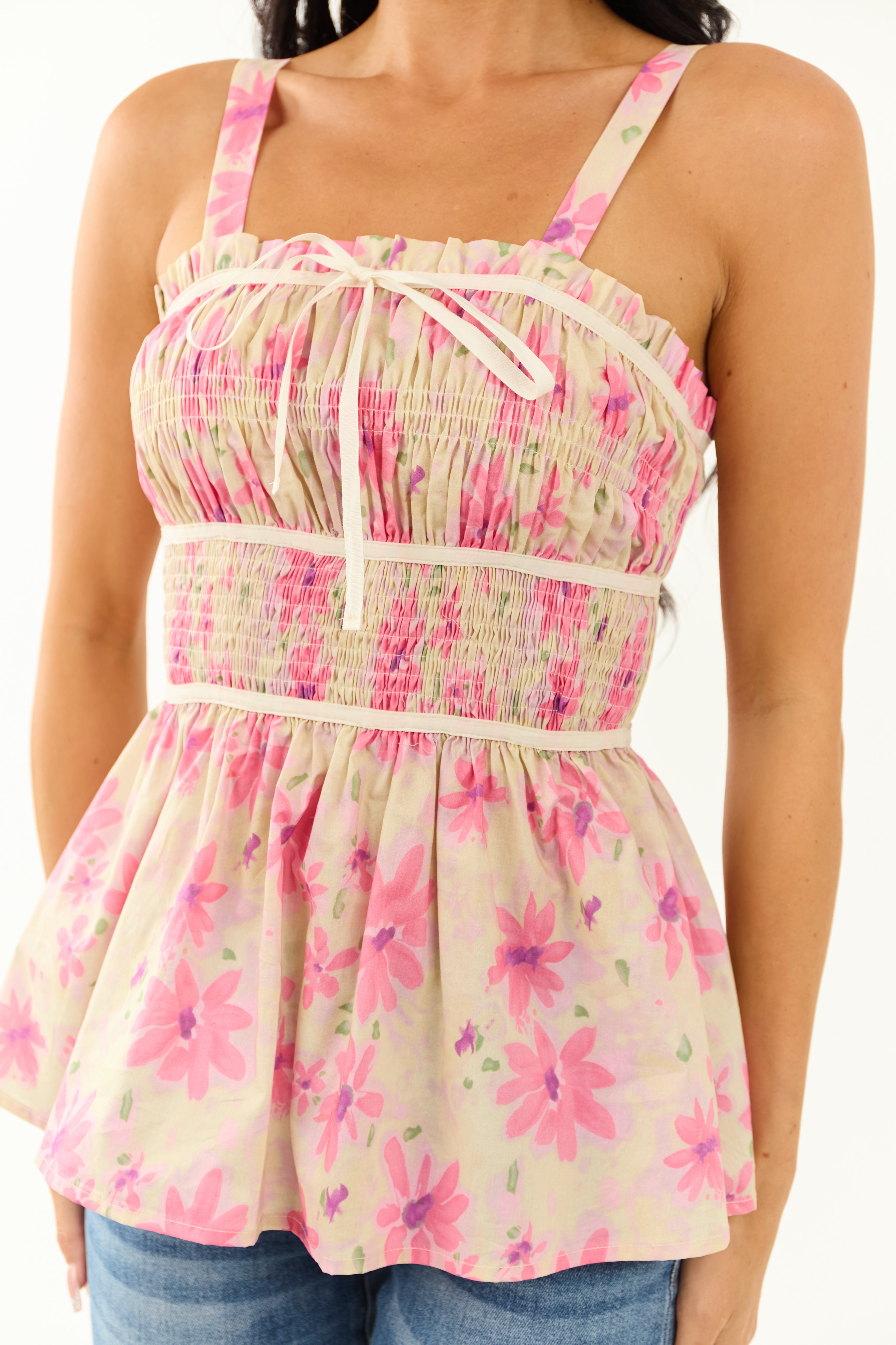 Lovelo Straw Floral Print Smocked Cotton Tank Top