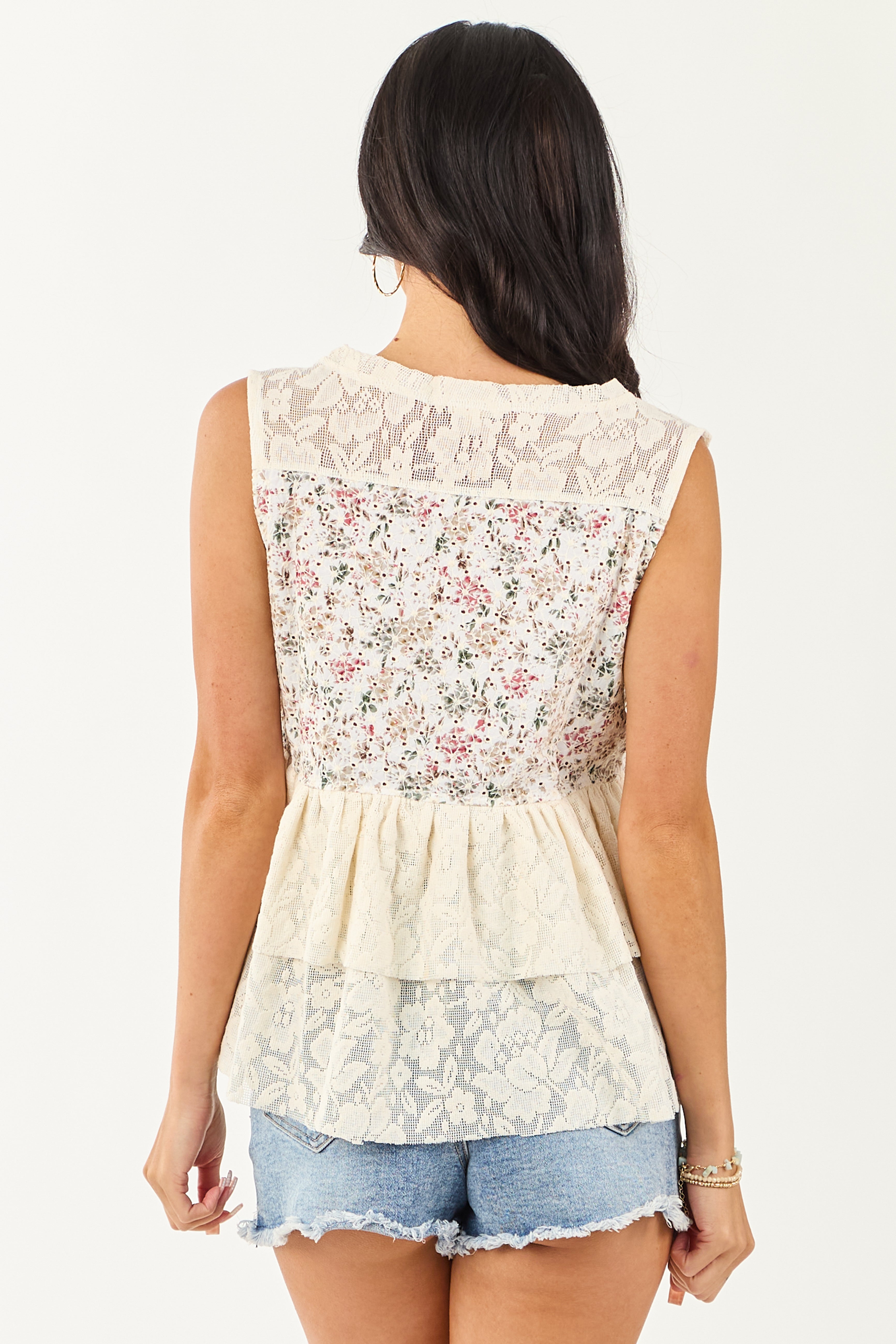 POL Cream Floral Print Lace Contrast Ruffle Tank