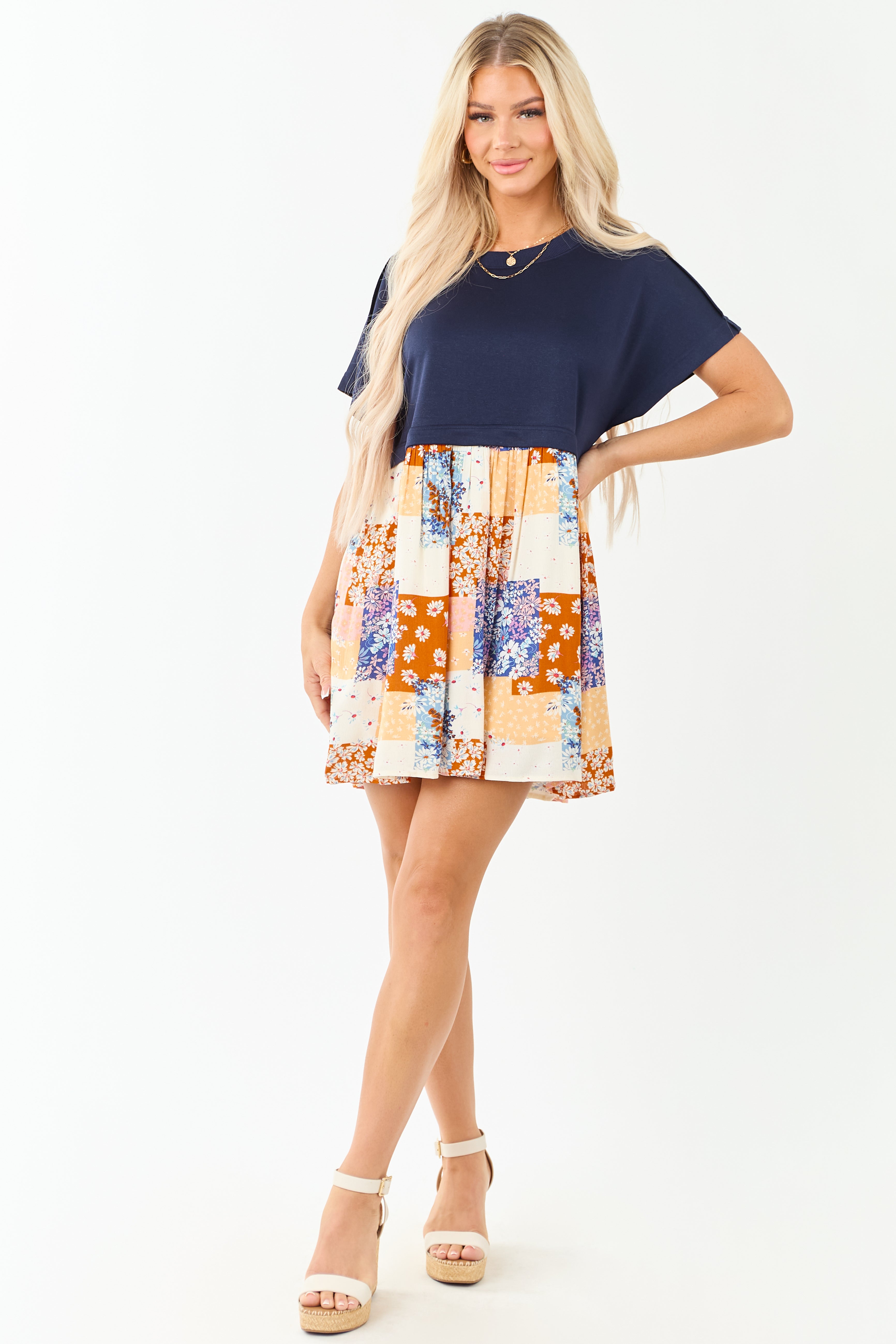 Navy Patchwork Skirt Contrast Knit Mini Dress