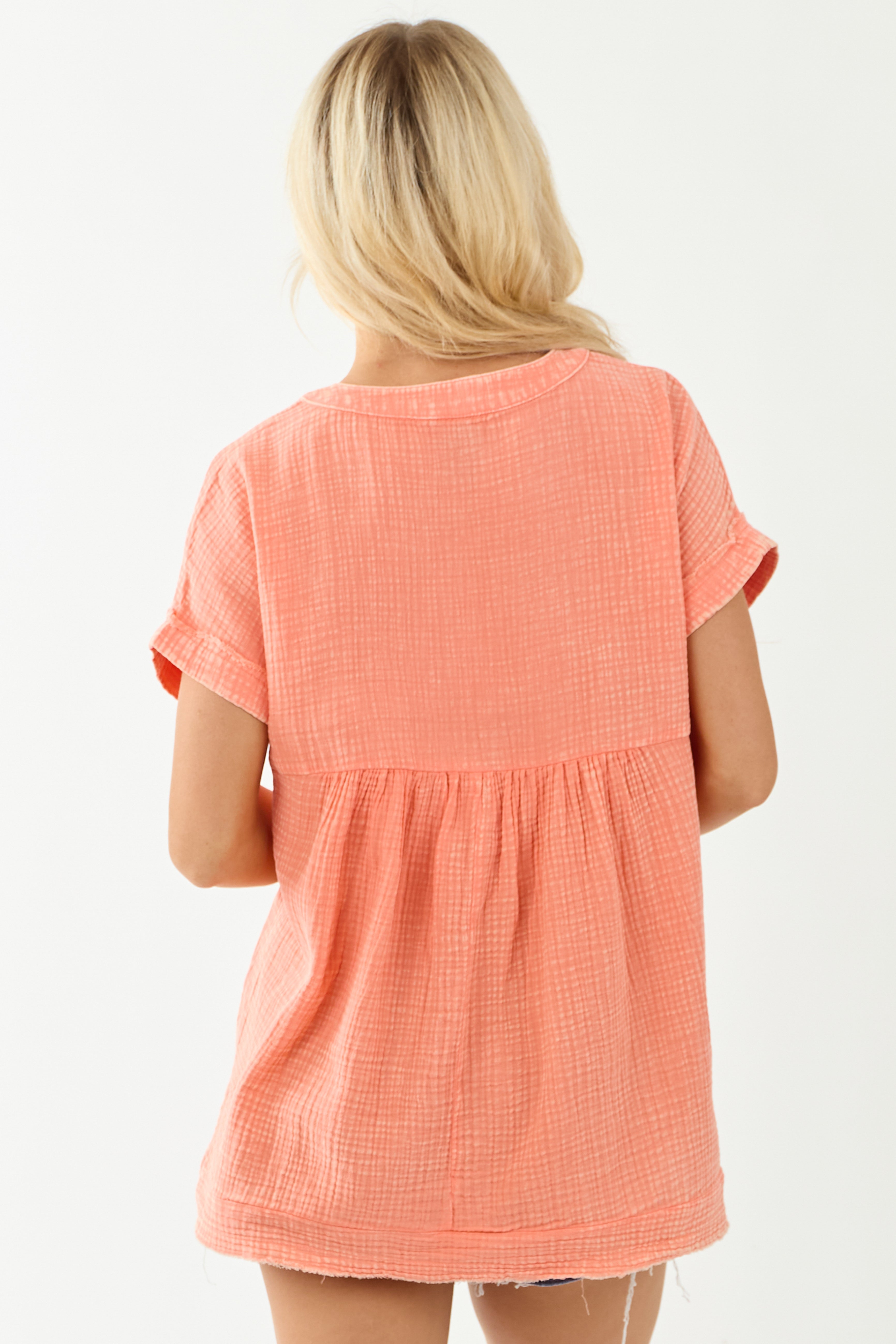 Peach Washed Double Gauze Cotton Short Sleeve Top