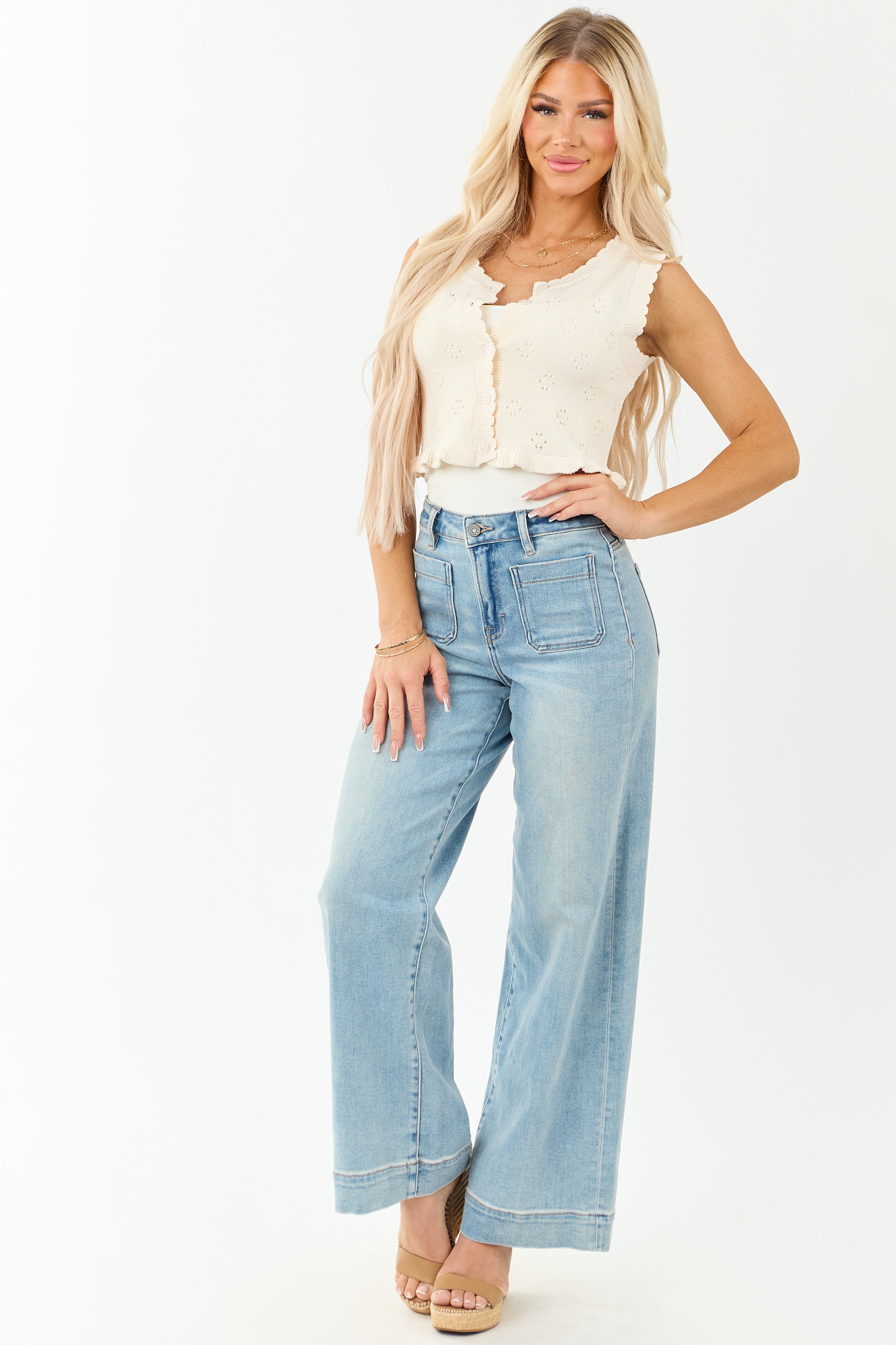 Cream Pointelle Knit Cropped Button Up Tank Top