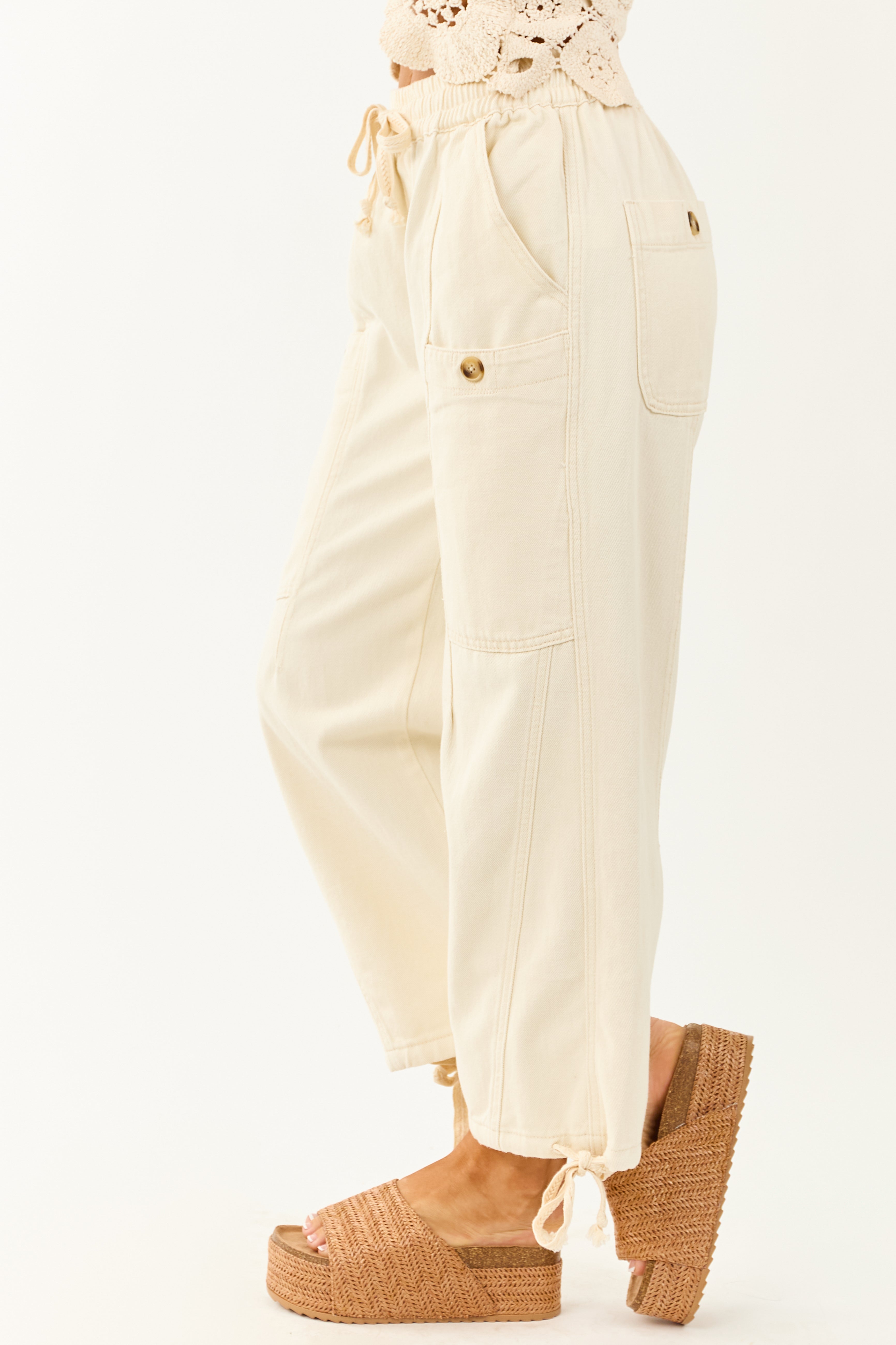 Cream Elastic Waist Relaxed Denim Cargo Pants