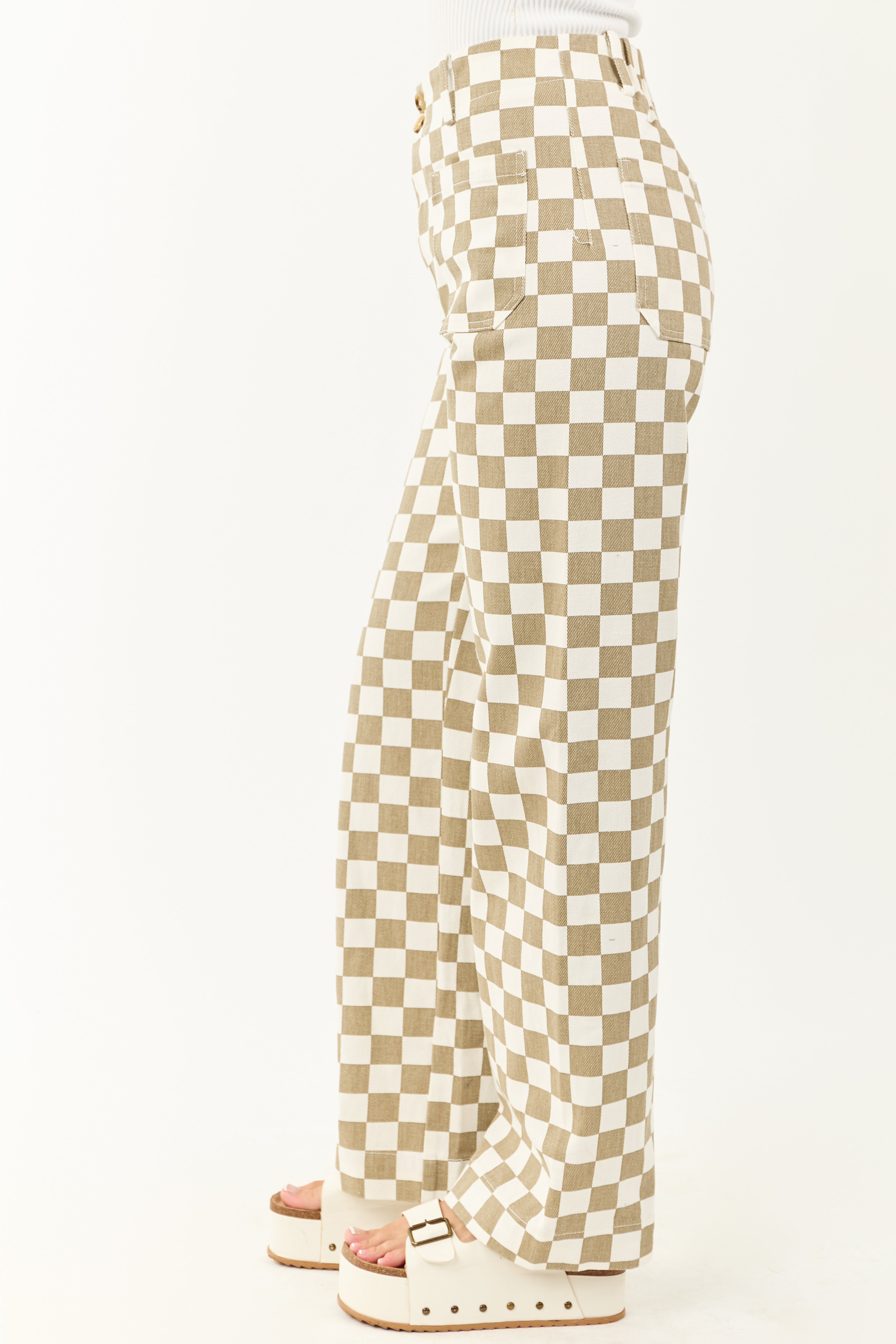 Olive and Ivory Checkered Denim Wide Leg Pants