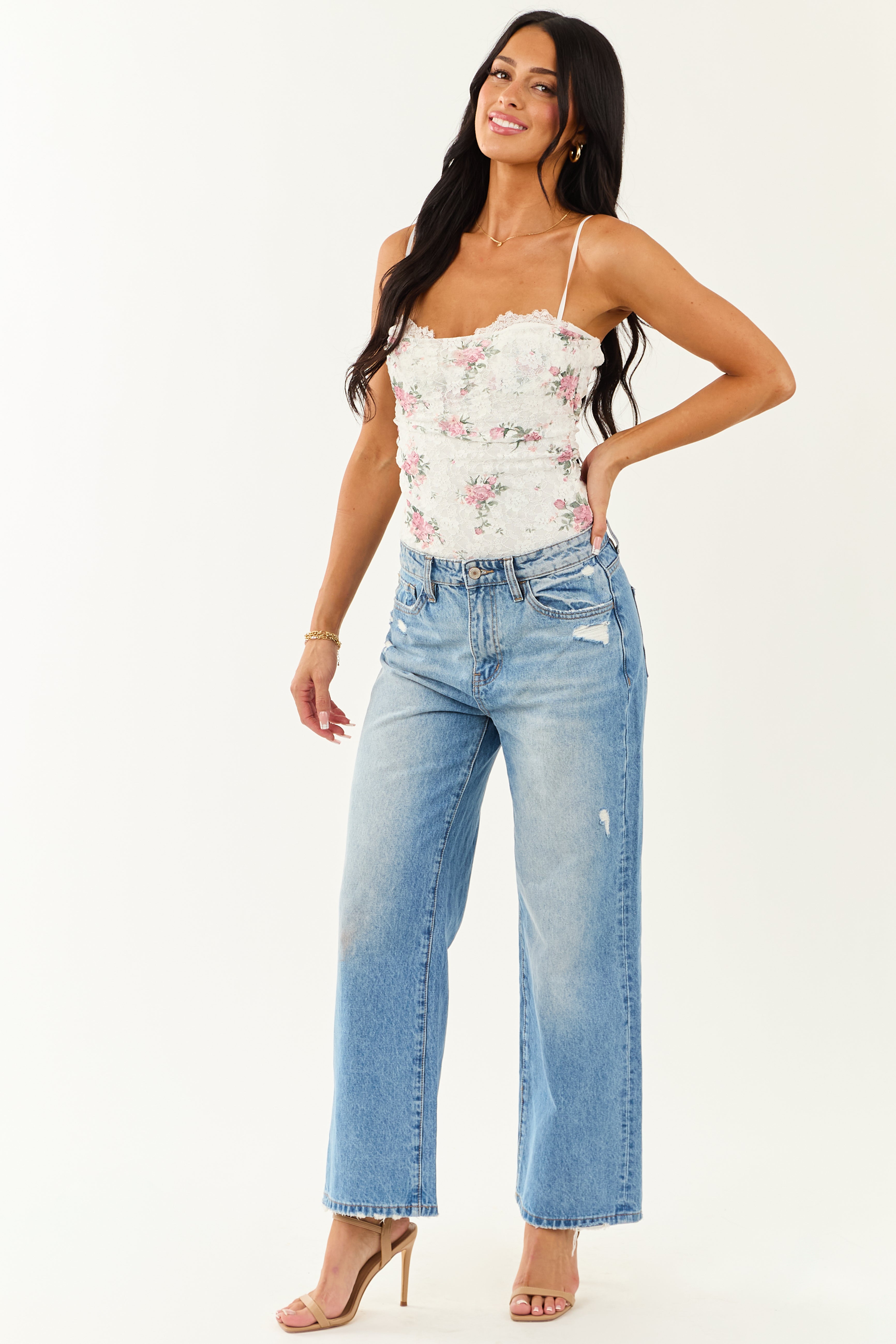 Off White Floral Lace Sleeveless Bodysuit