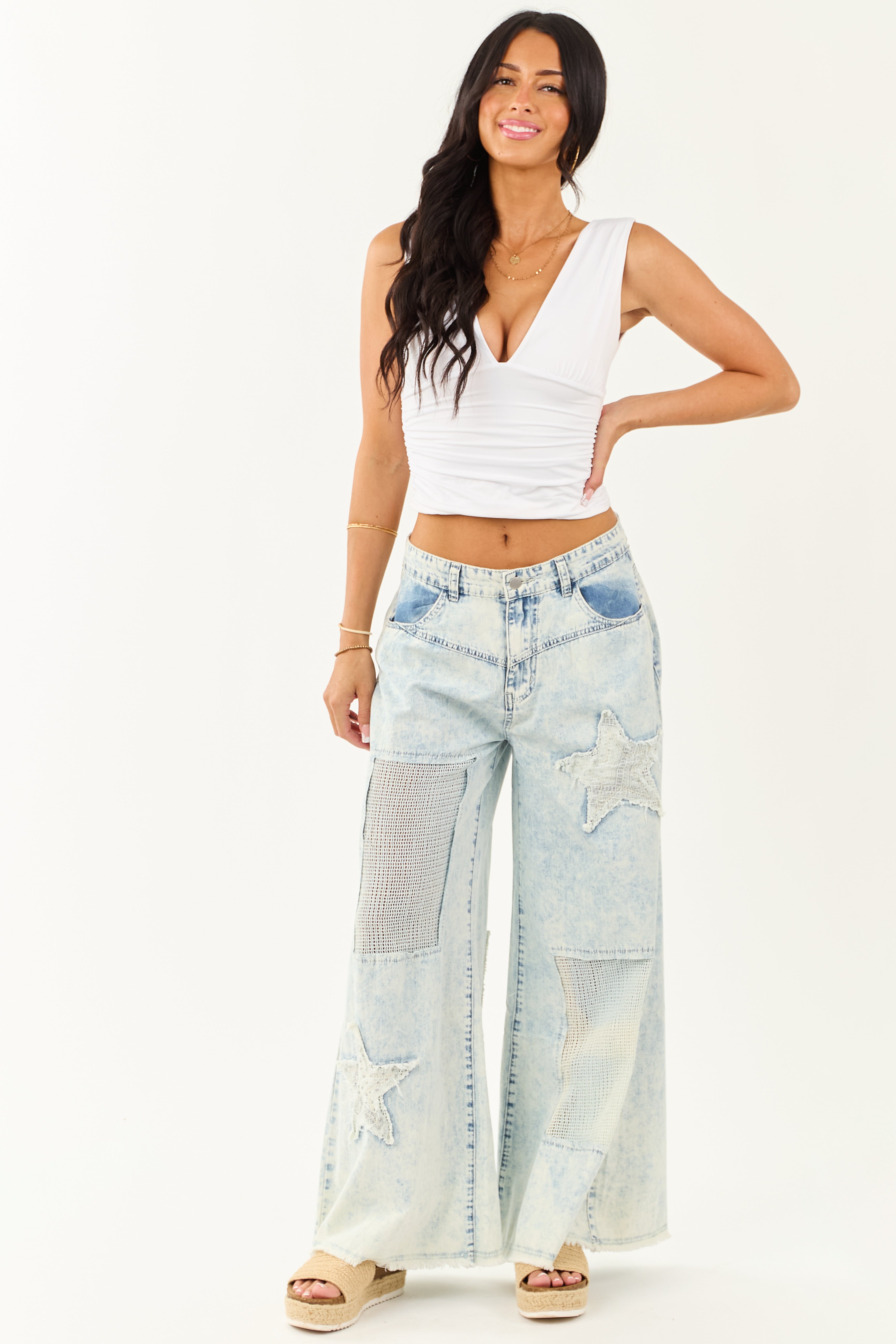 POL Acid Wash Patchwork Lightweight Denim Pants