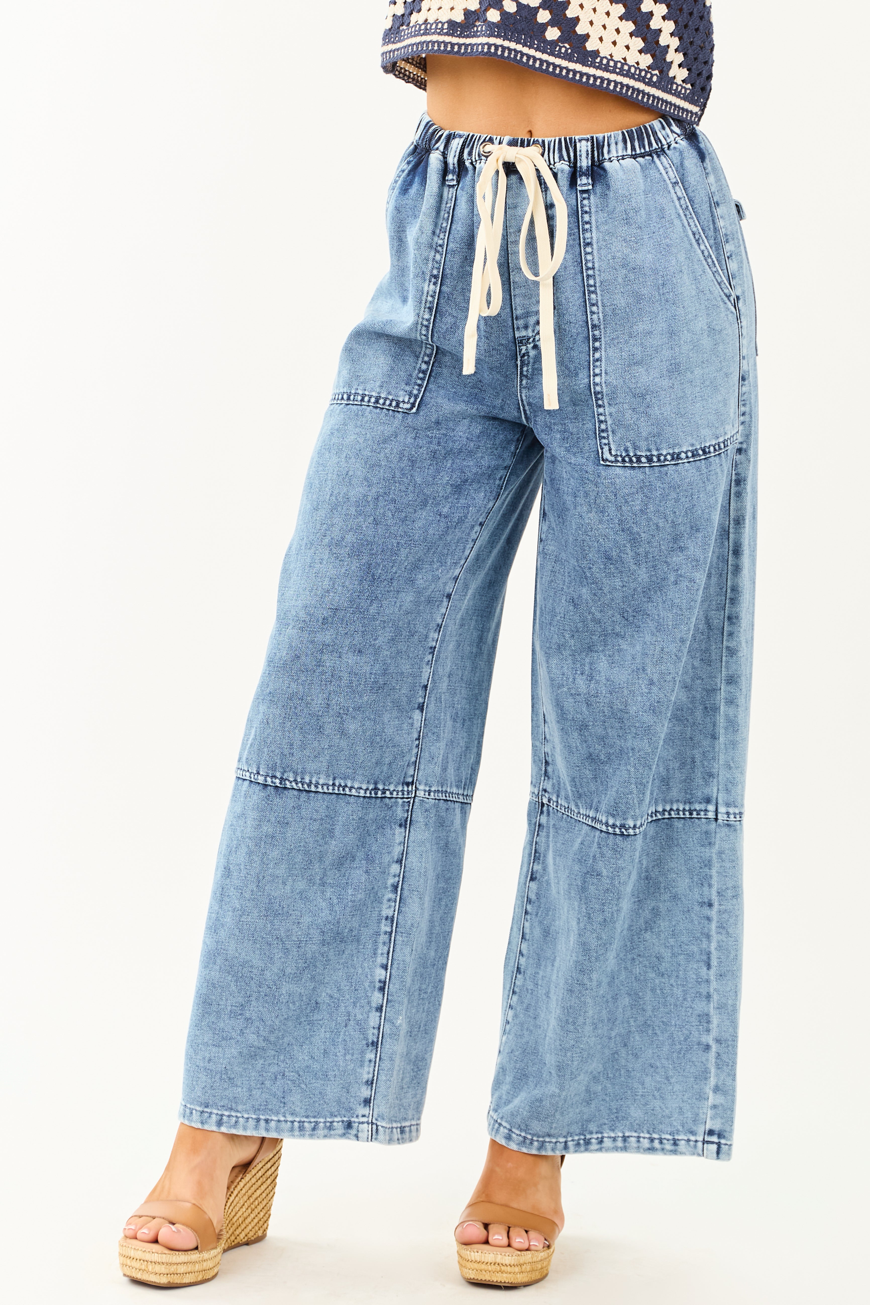 Listicle Medium Wash Wide Leg Drawstring Denim Pants