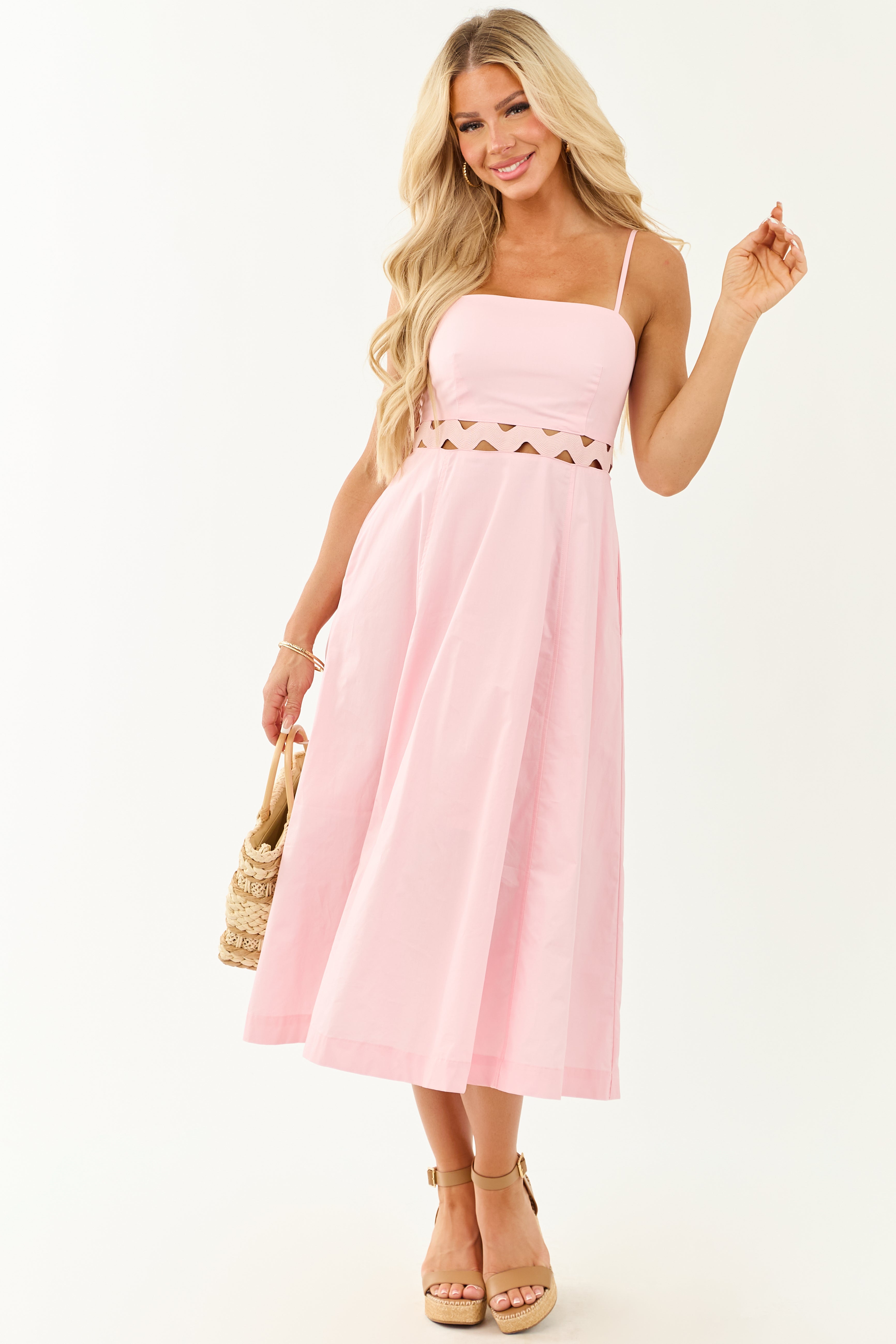 Carnation Rickrack Cutout Waist Cotton Midi Dress