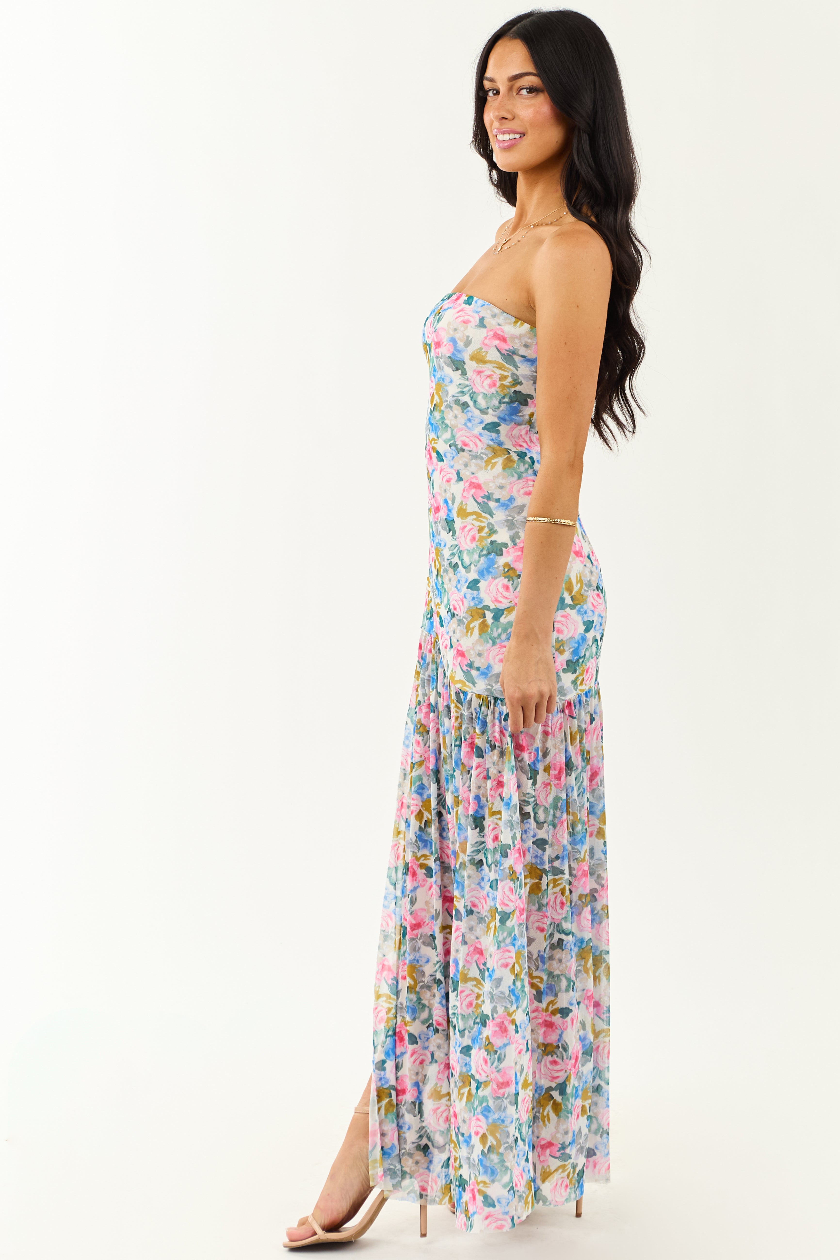 Ivory Floral Print Front Slit Mesh Maxi Dress