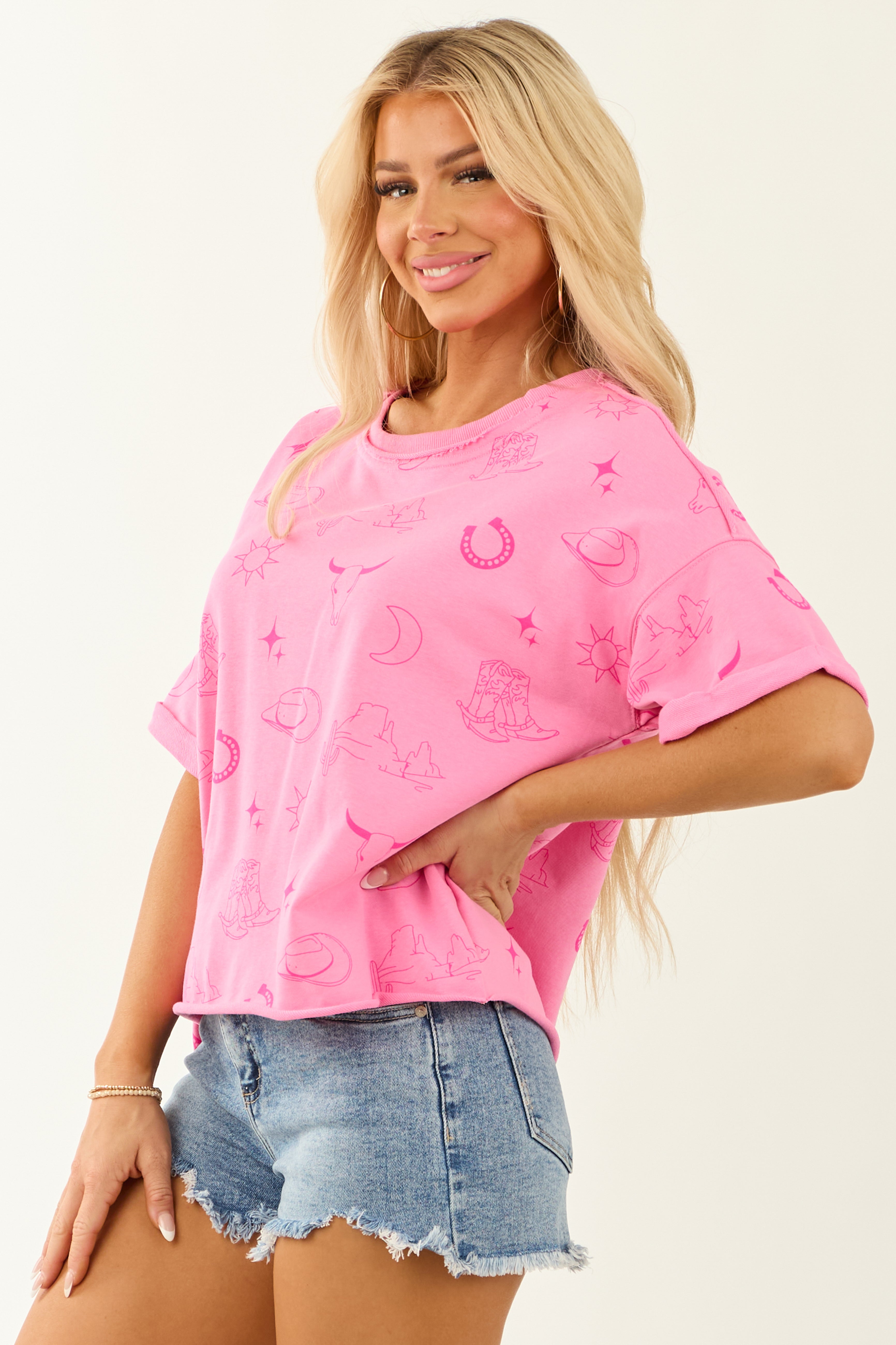 Fuchsia Western Print Short Sleeve Terry Top
