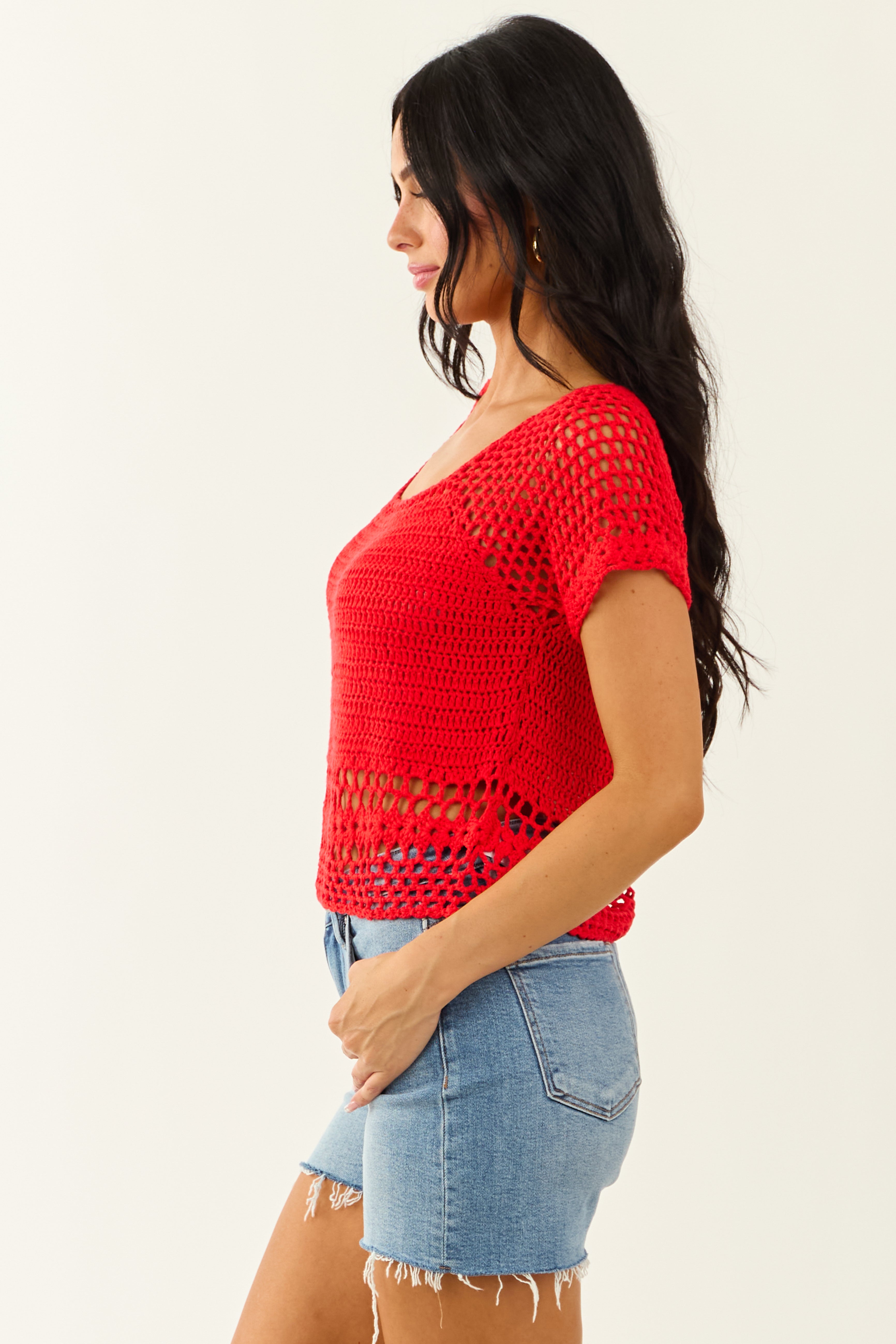 Lipstick Crochet Knit Short Sleeve Crop Top