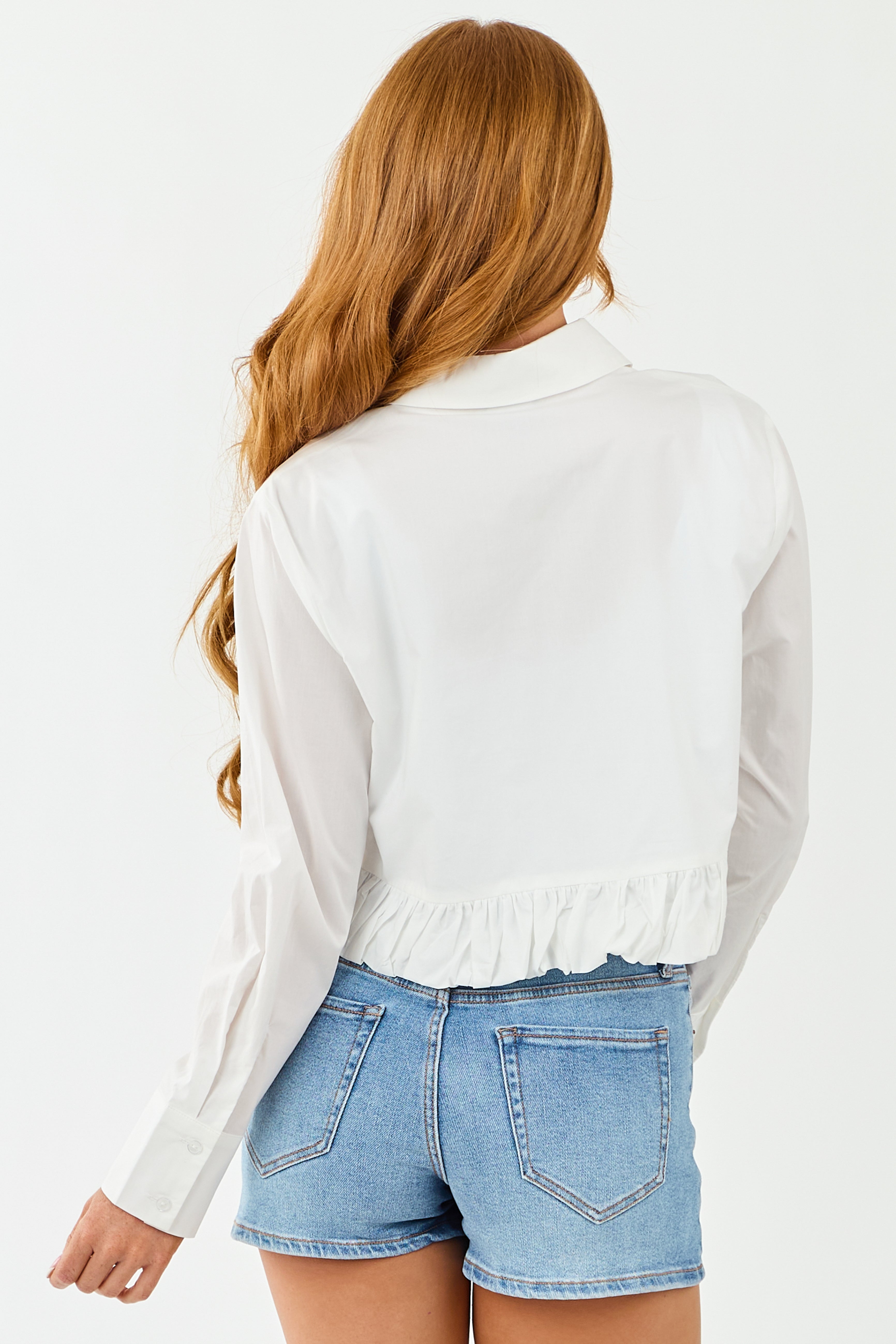 White Button Up Ruffle Hem Long Sleeve Cotton Blouse