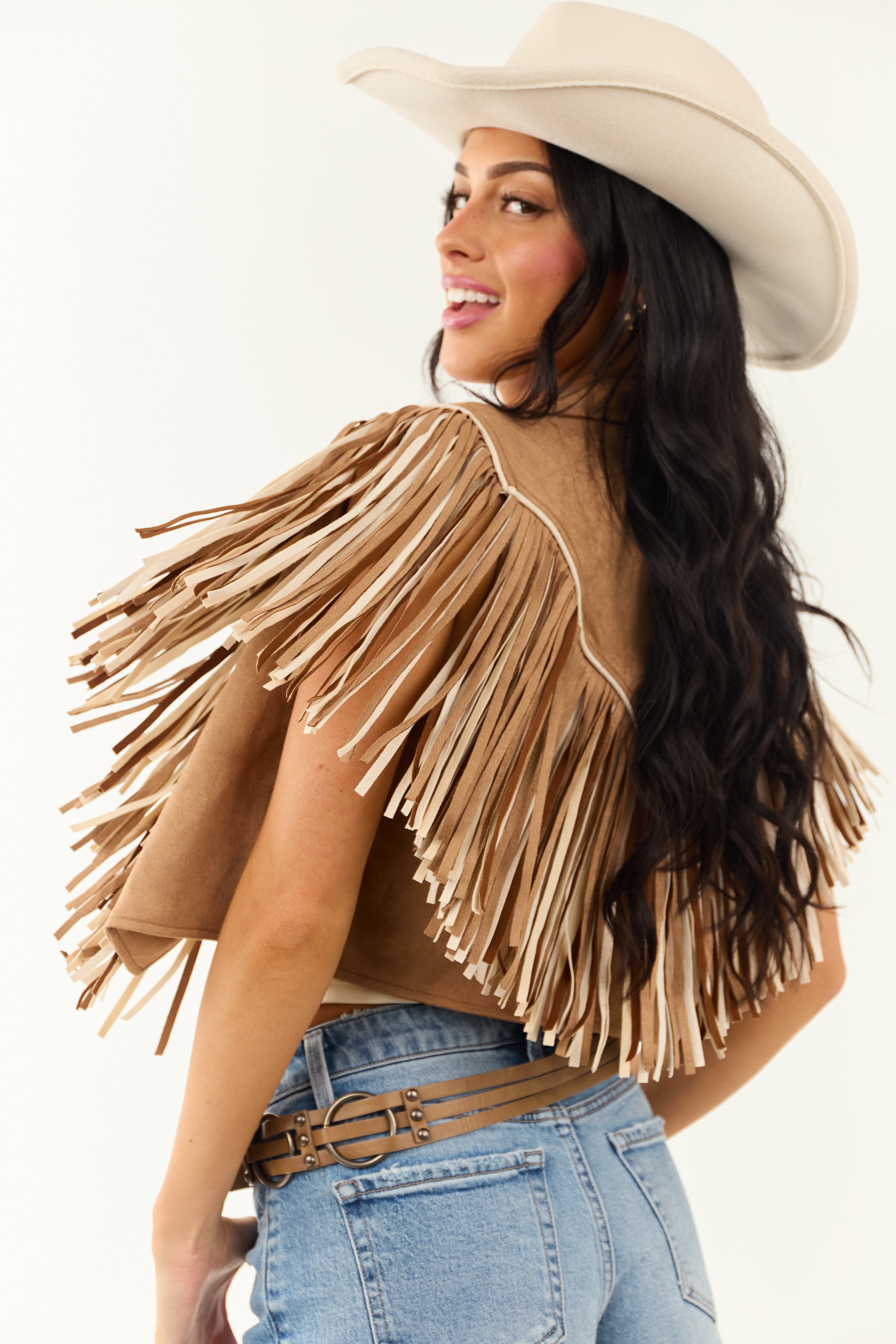 Brown Sugar Faux Suede Fringe Open Front Vest