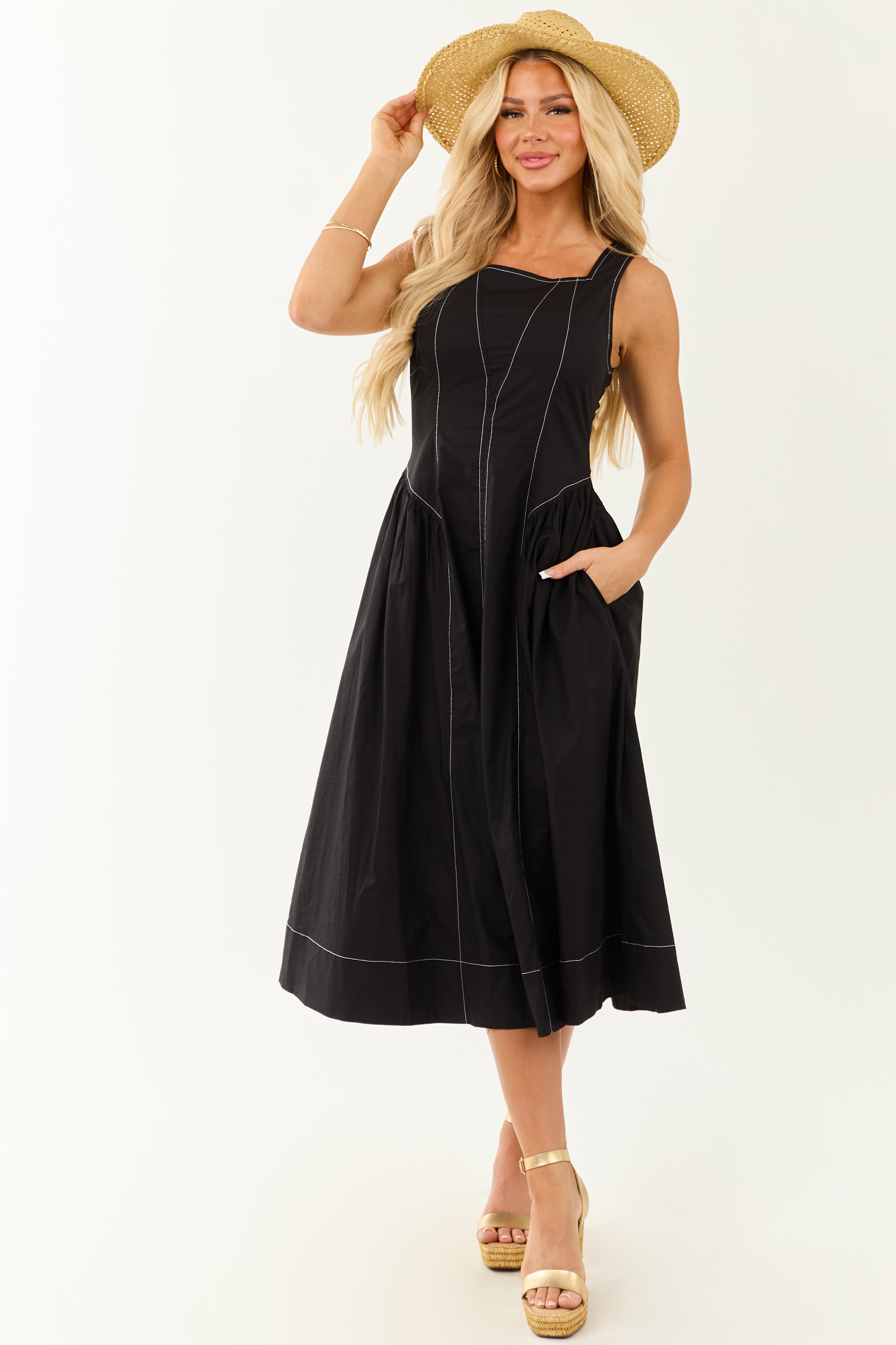 Entro Black Contrast Stitch Cotton Midi Dress
