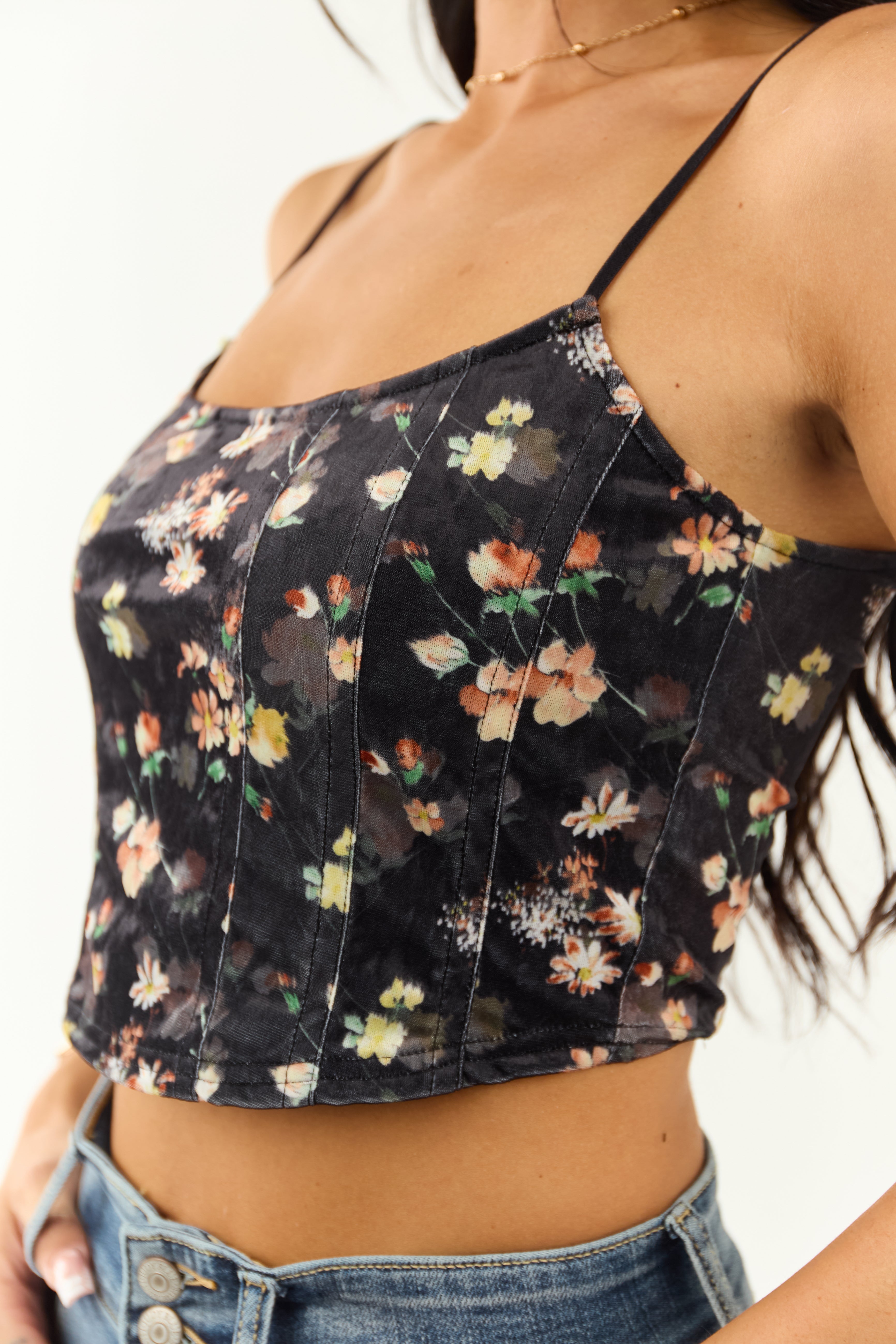Black Floral Print Velvet Cropped Tank Top