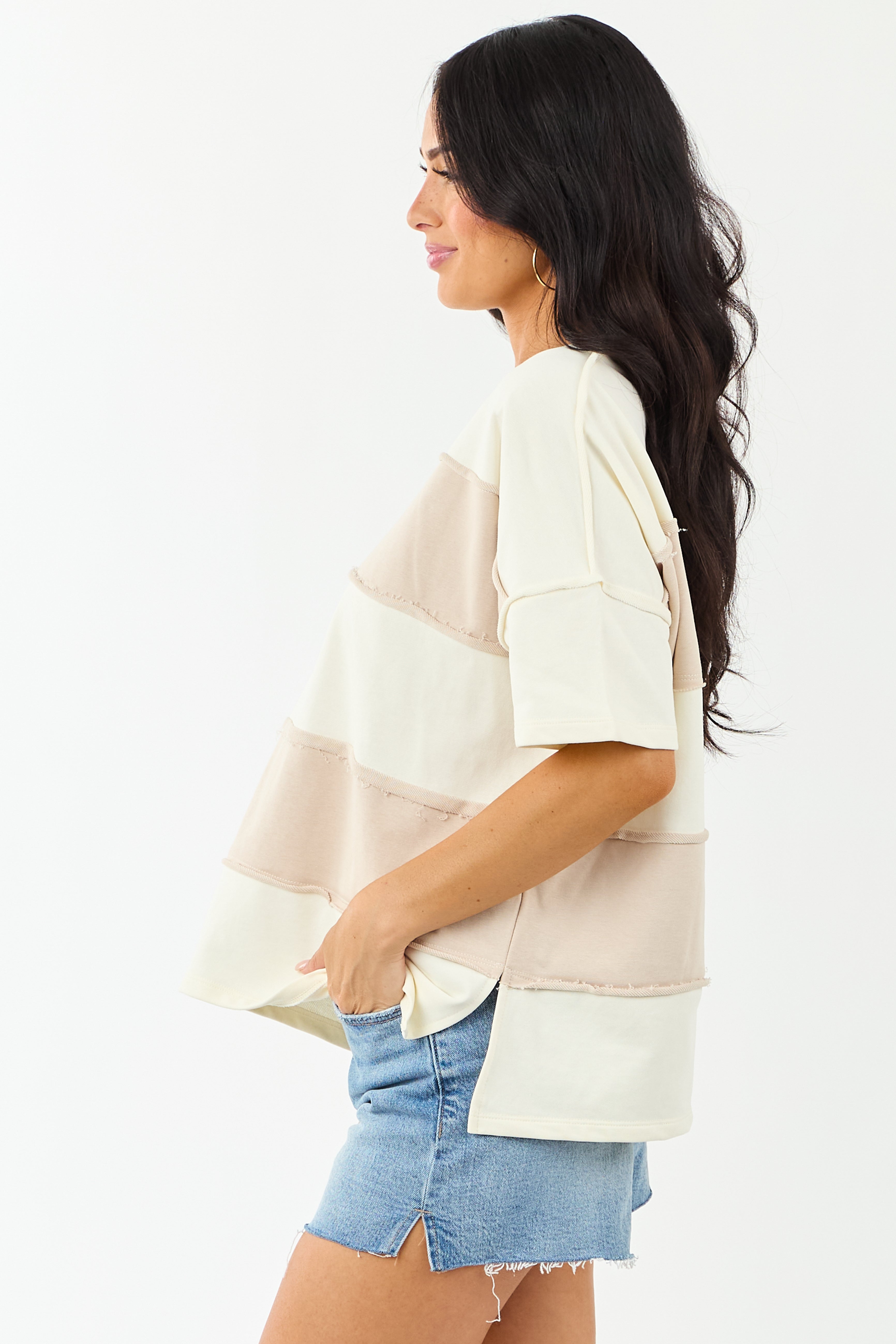Cream and Latte Colorblock Relaxed Knit Tee