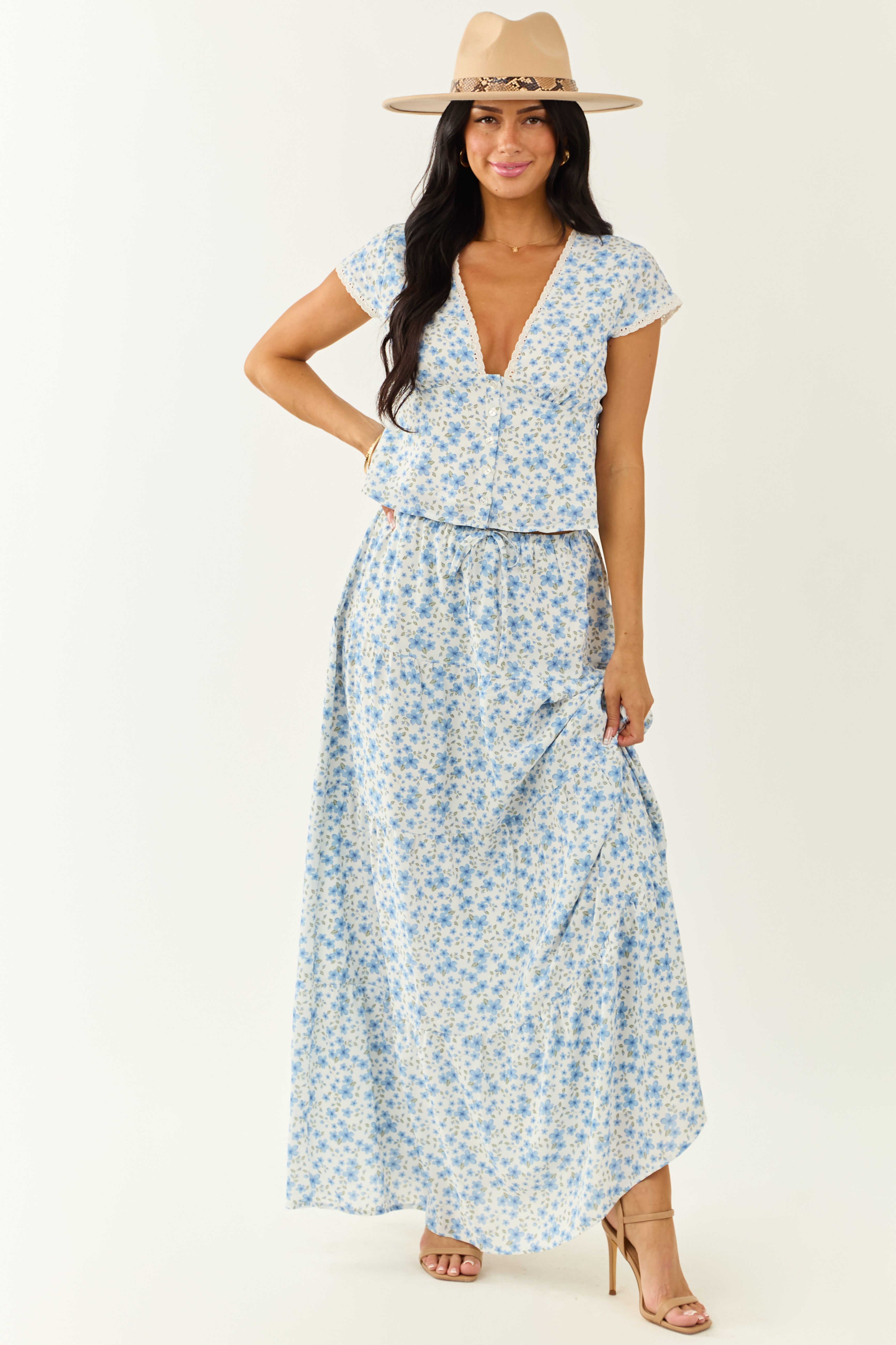 Ivory Floral Deep V Cap Sleeve Button Up Blouse