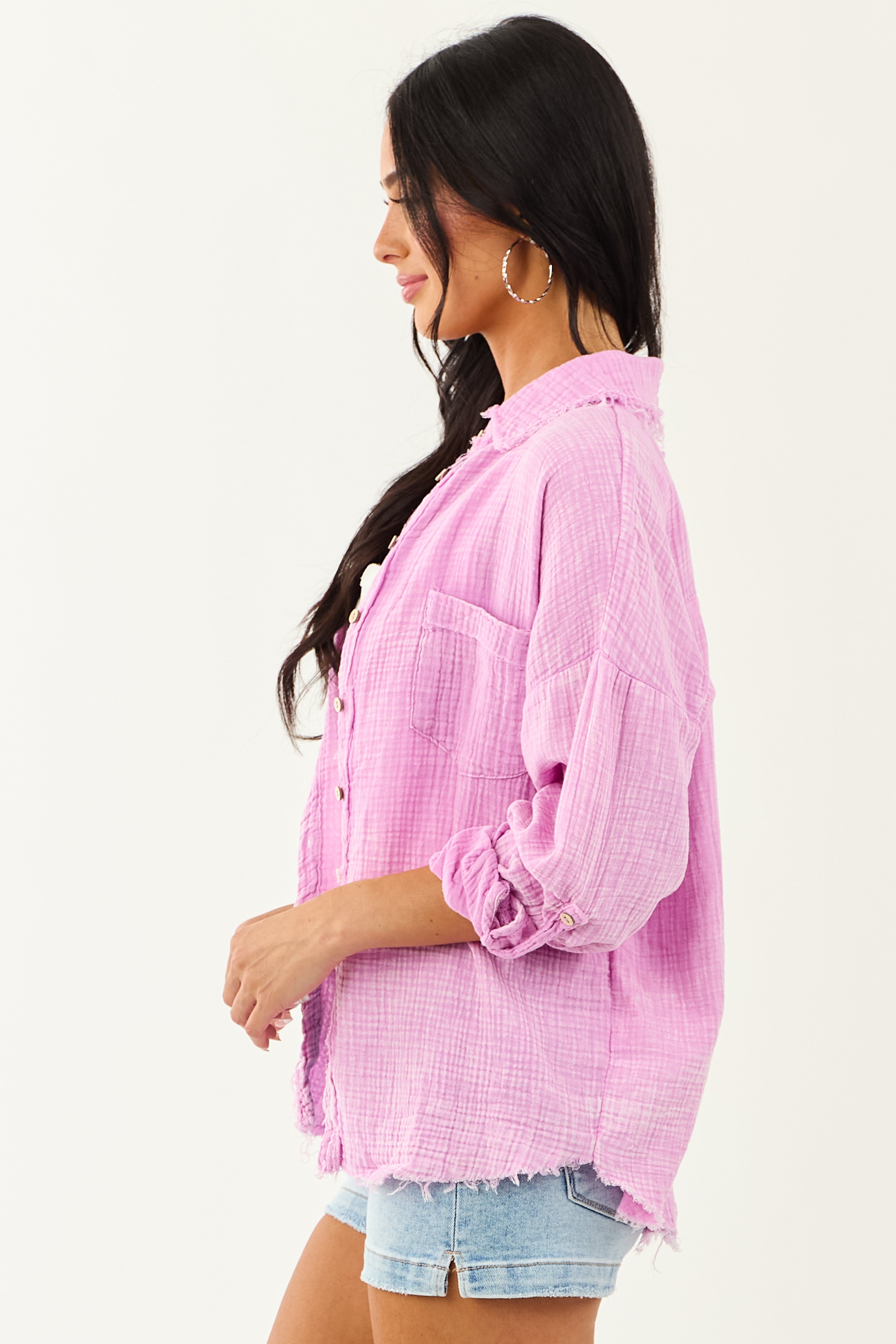 Orchid Washed Double Gauze Cotton Button Down Top
