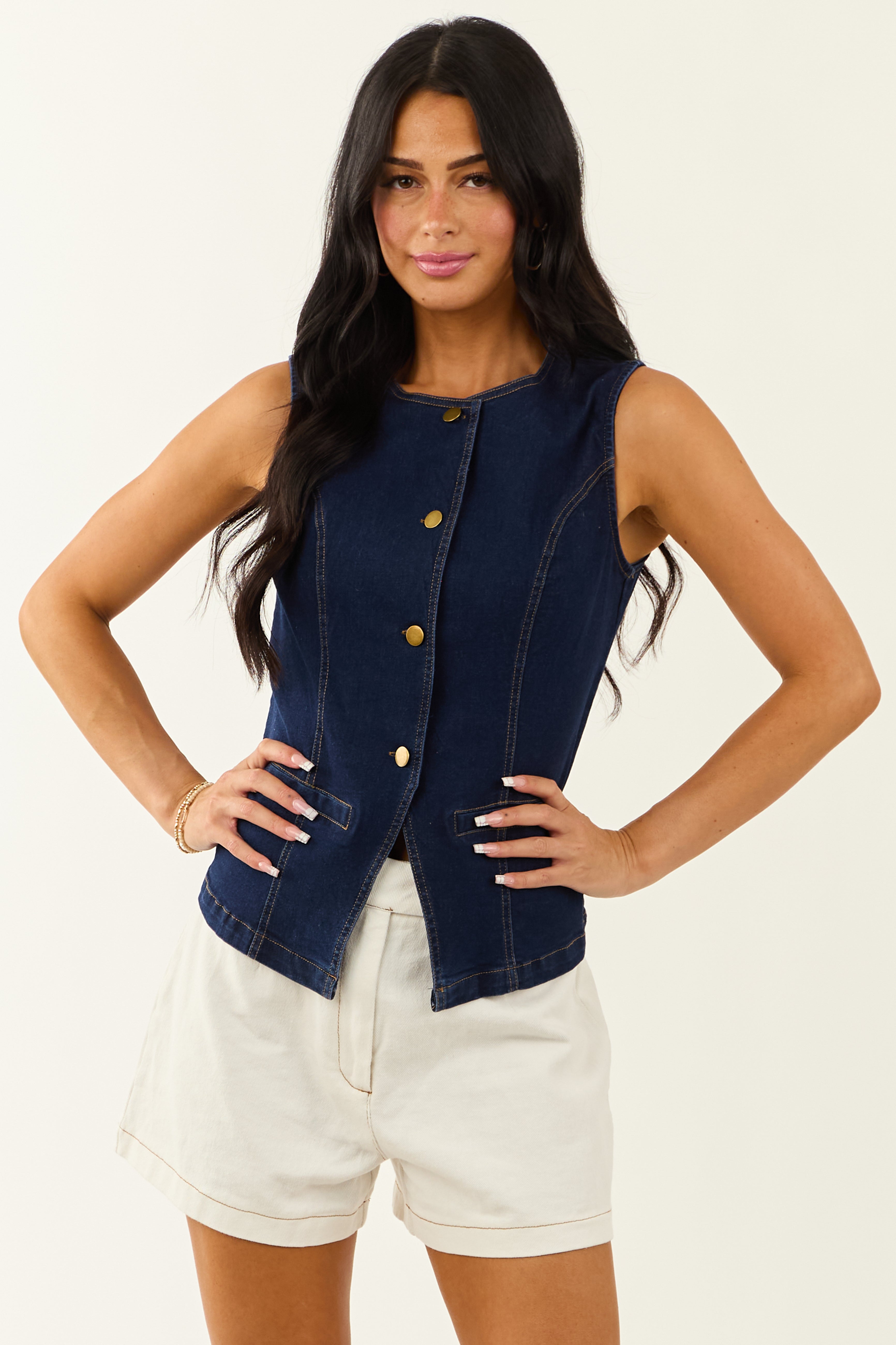 She+Sky Dark Wash Stretchy Denim Button Down Vest
